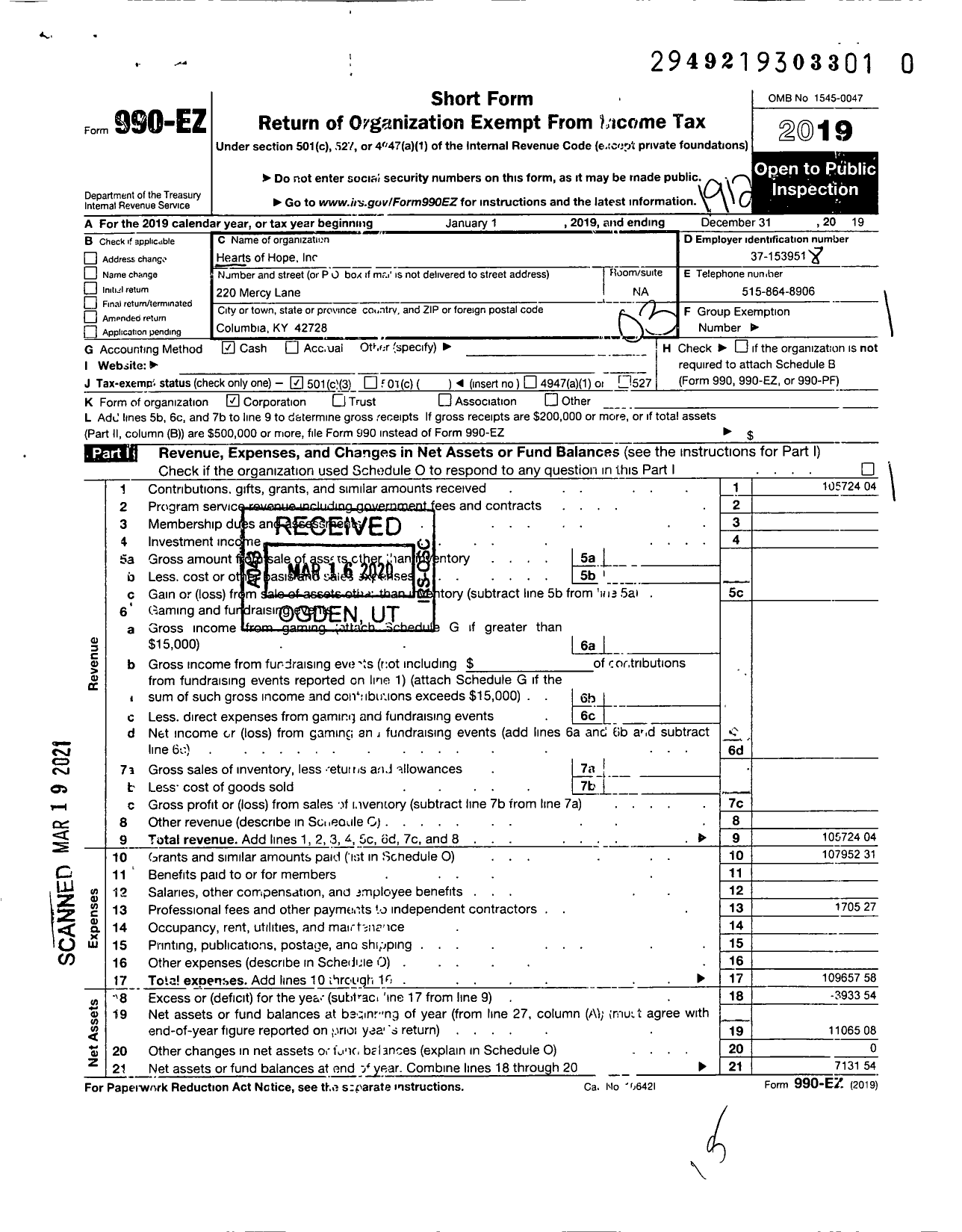 Image of first page of 2019 Form 990EZ for Hearts of Hope