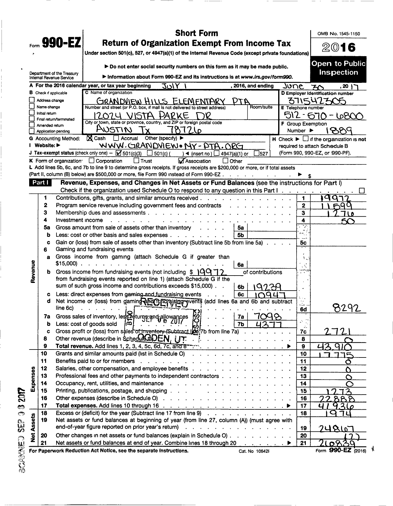 Image of first page of 2016 Form 990EZ for Texas PTA - Grandview Hills Elementary PTA