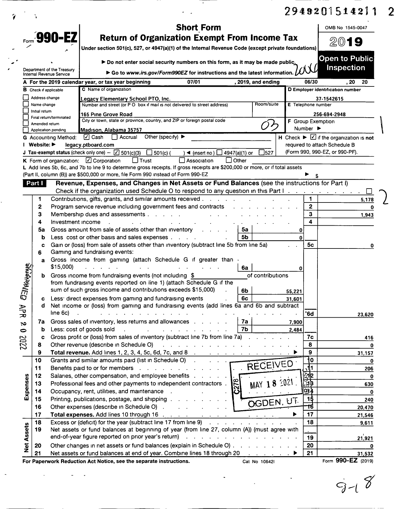 Image of first page of 2019 Form 990EZ for Legacy Elementary School Pto