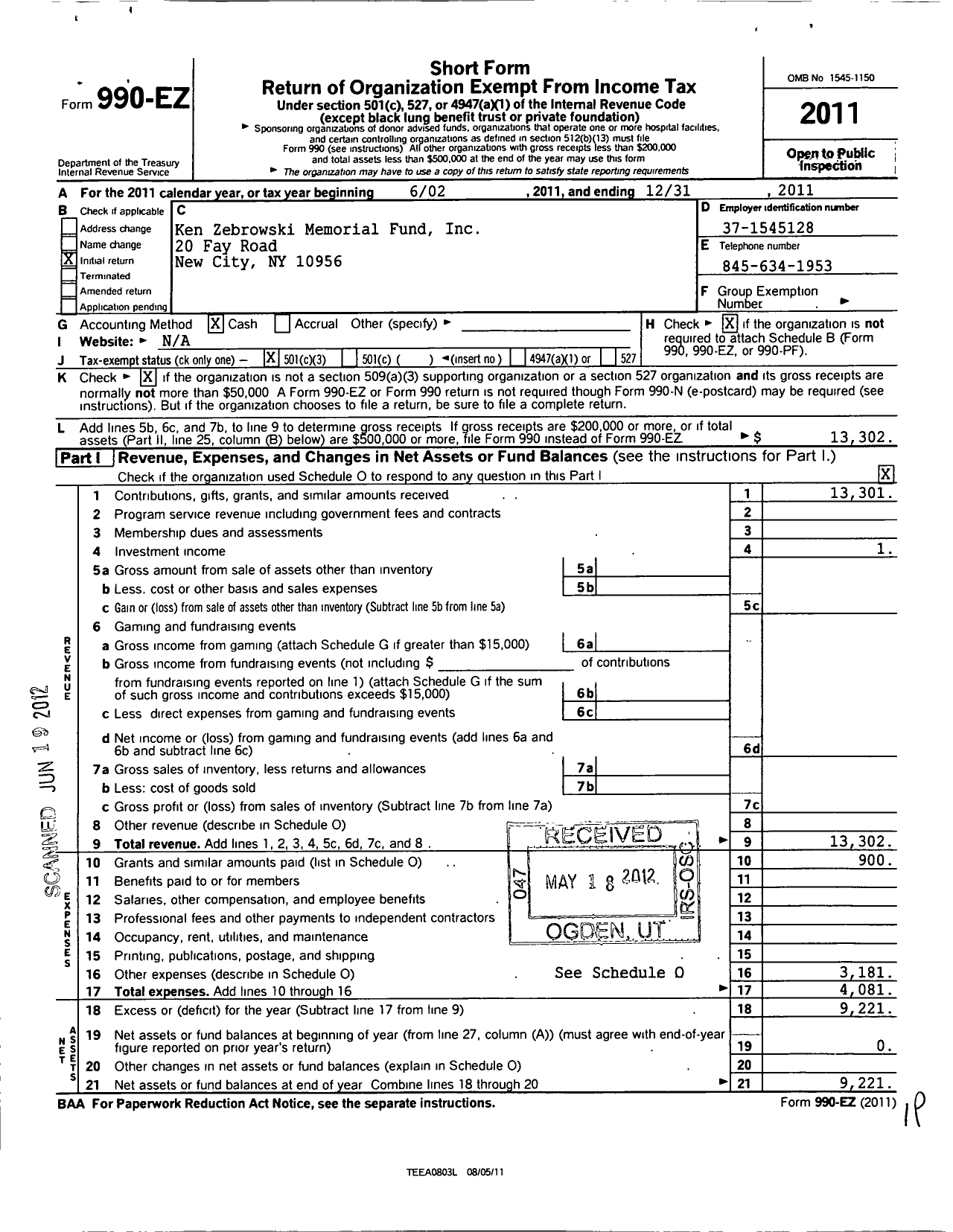 Image of first page of 2011 Form 990EZ for Ken Zebrowski Memorial Fund