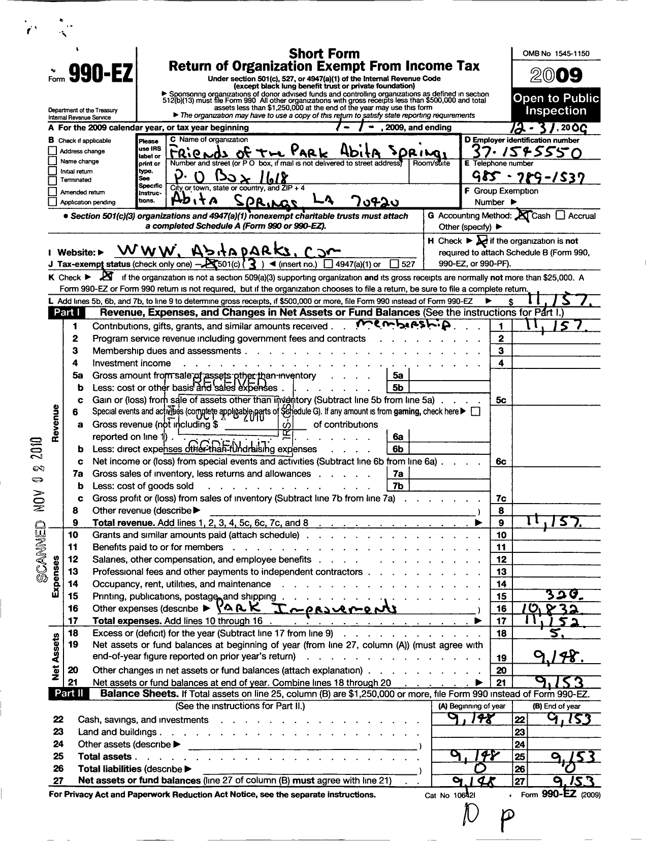 Image of first page of 2009 Form 990EZ for Friends of the Park Abita Springs LLC