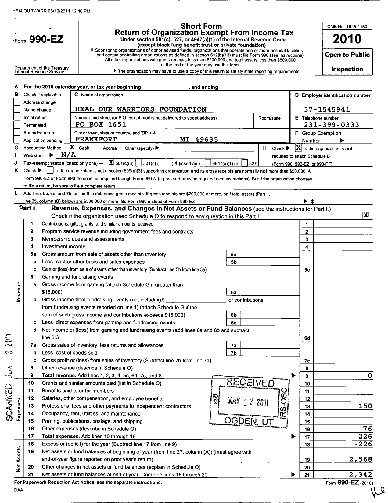 Image of first page of 2010 Form 990EZ for Heal Our Warriors Foundation