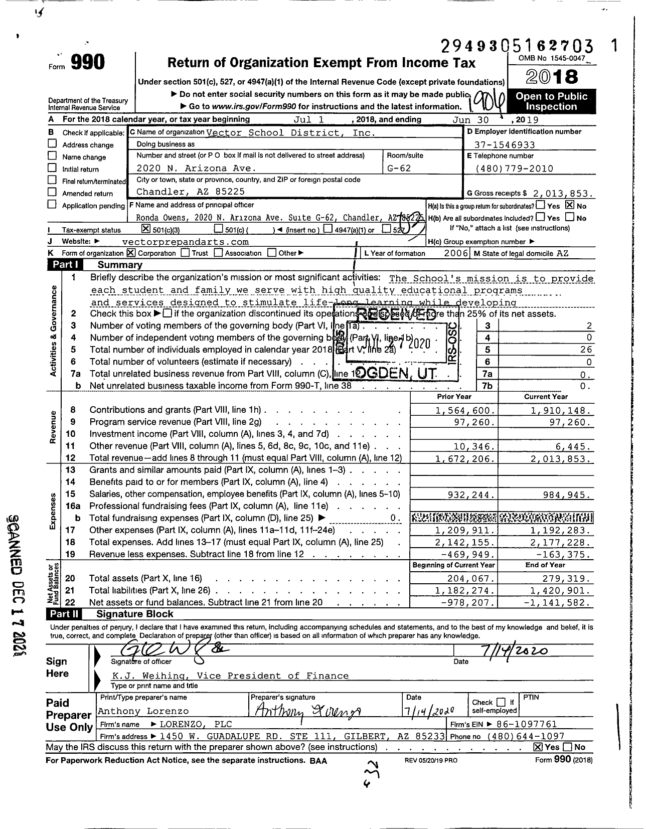 Image of first page of 2018 Form 990 for Vector School District