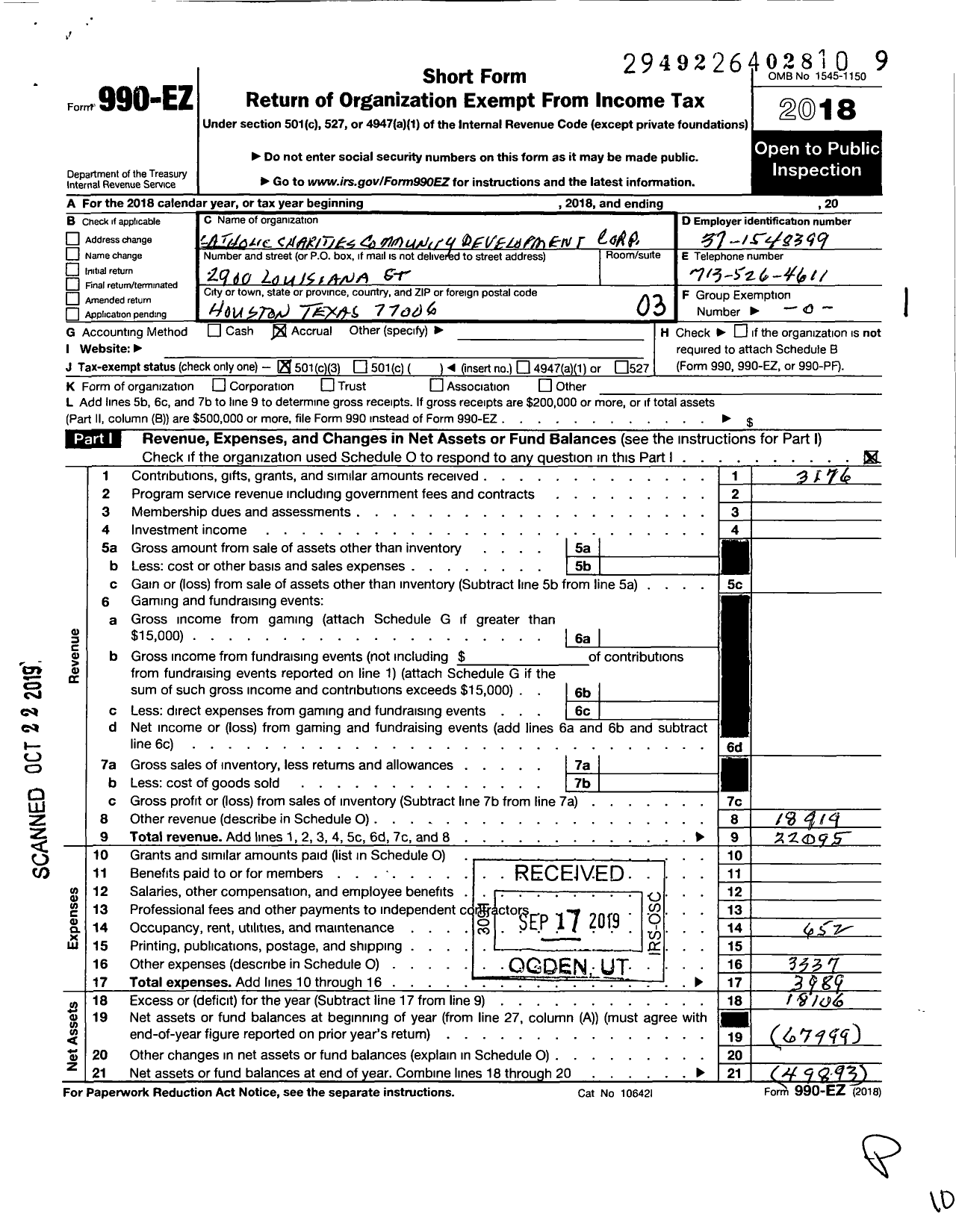 Image of first page of 2018 Form 990EZ for Catholic Charities Community Development Corporation
