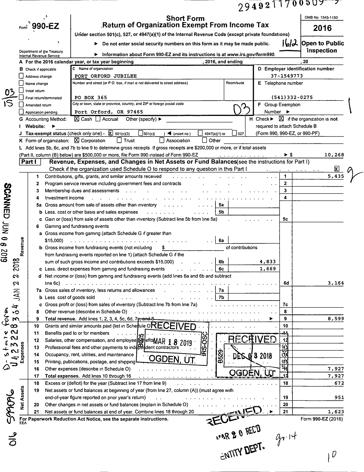 Image of first page of 2016 Form 990EZ for Port Orford Jubilee