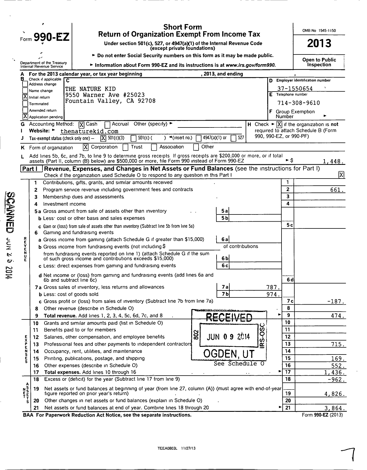 Image of first page of 2013 Form 990EZ for The Nature Kid