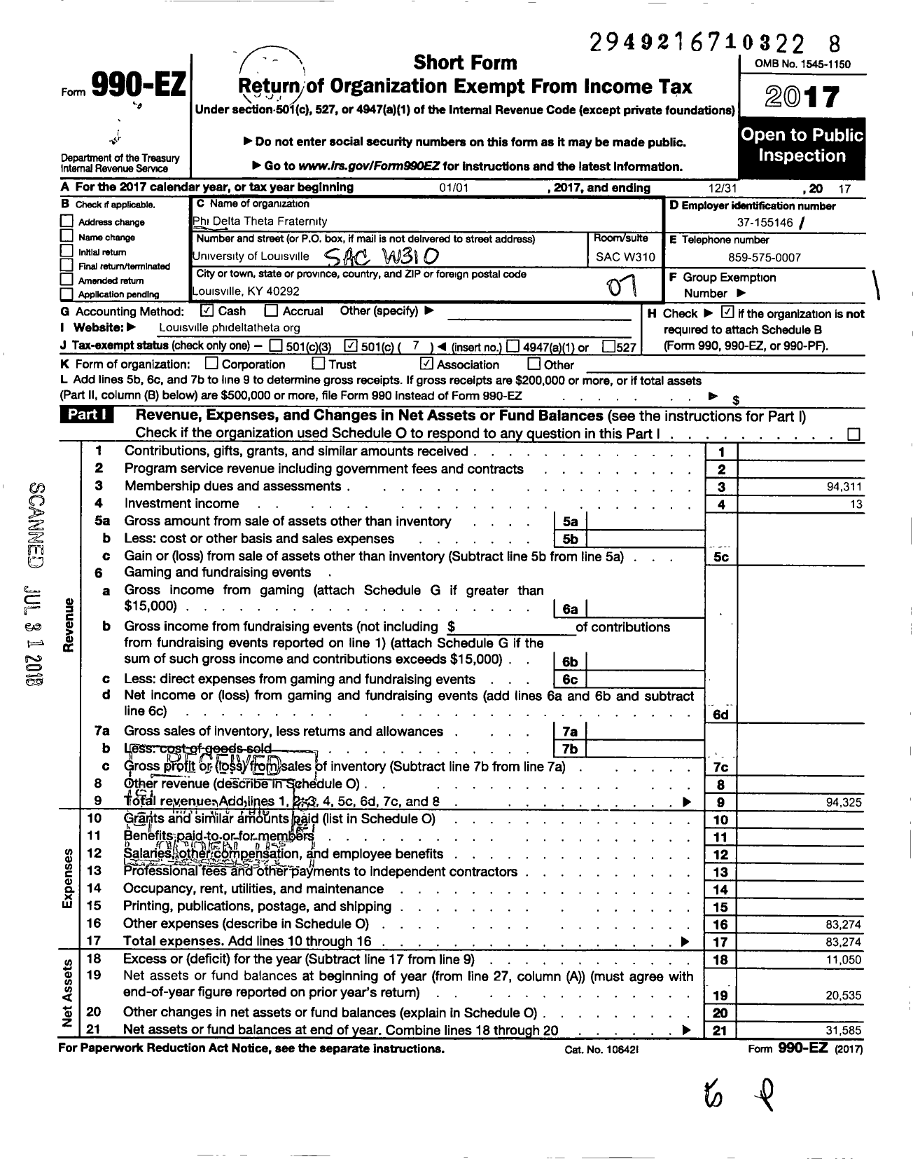 Image of first page of 2017 Form 990EO for Phi Delta Theta Fraternity