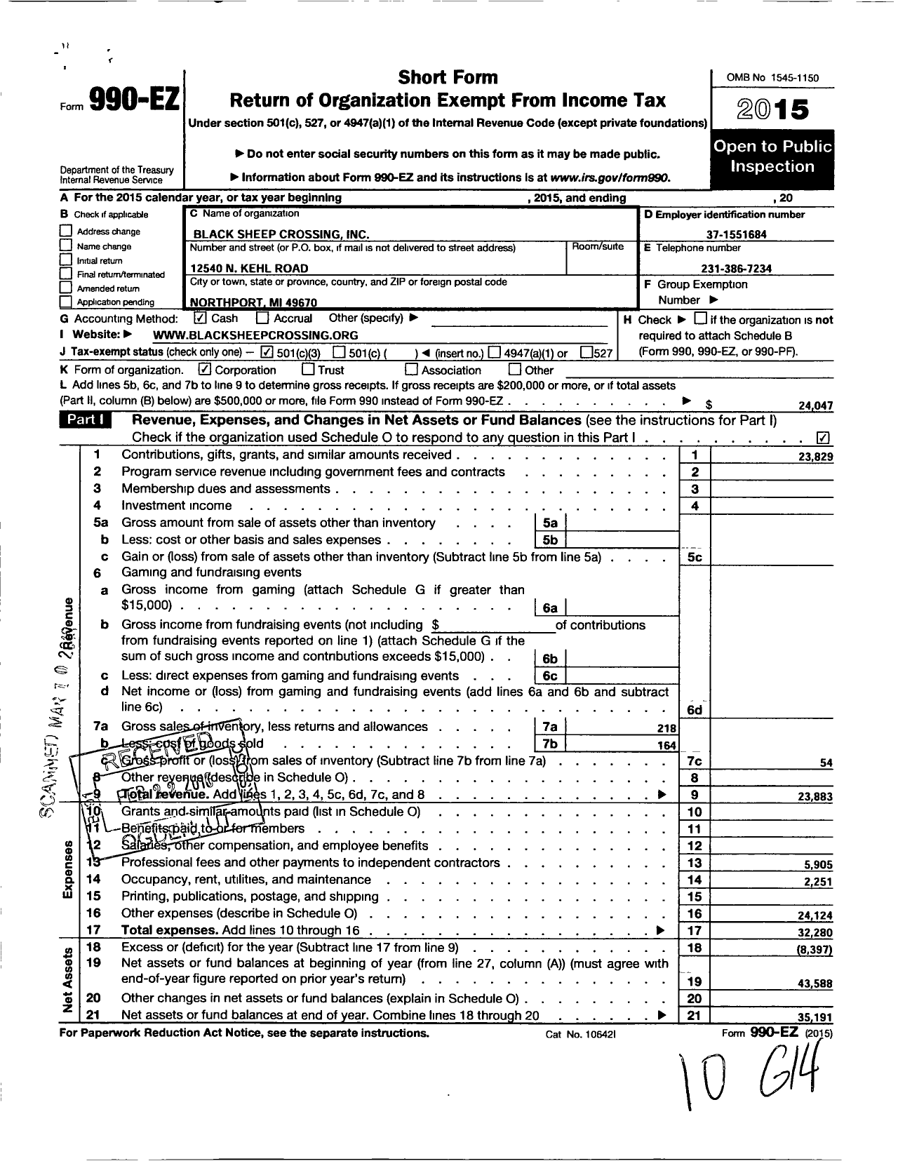 Image of first page of 2015 Form 990EZ for Black Sheep Crossing