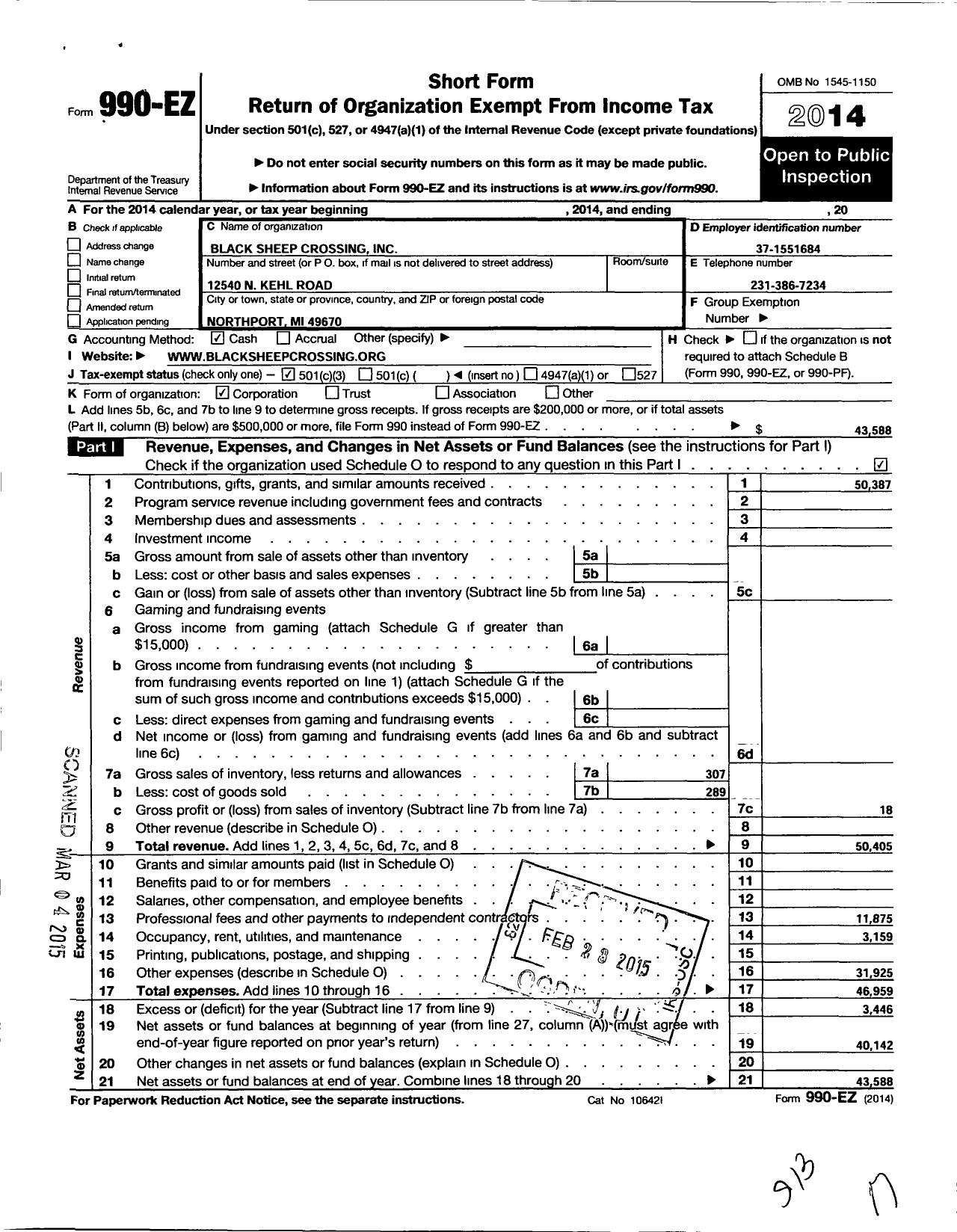 Image of first page of 2014 Form 990EZ for Black Sheep Crossing