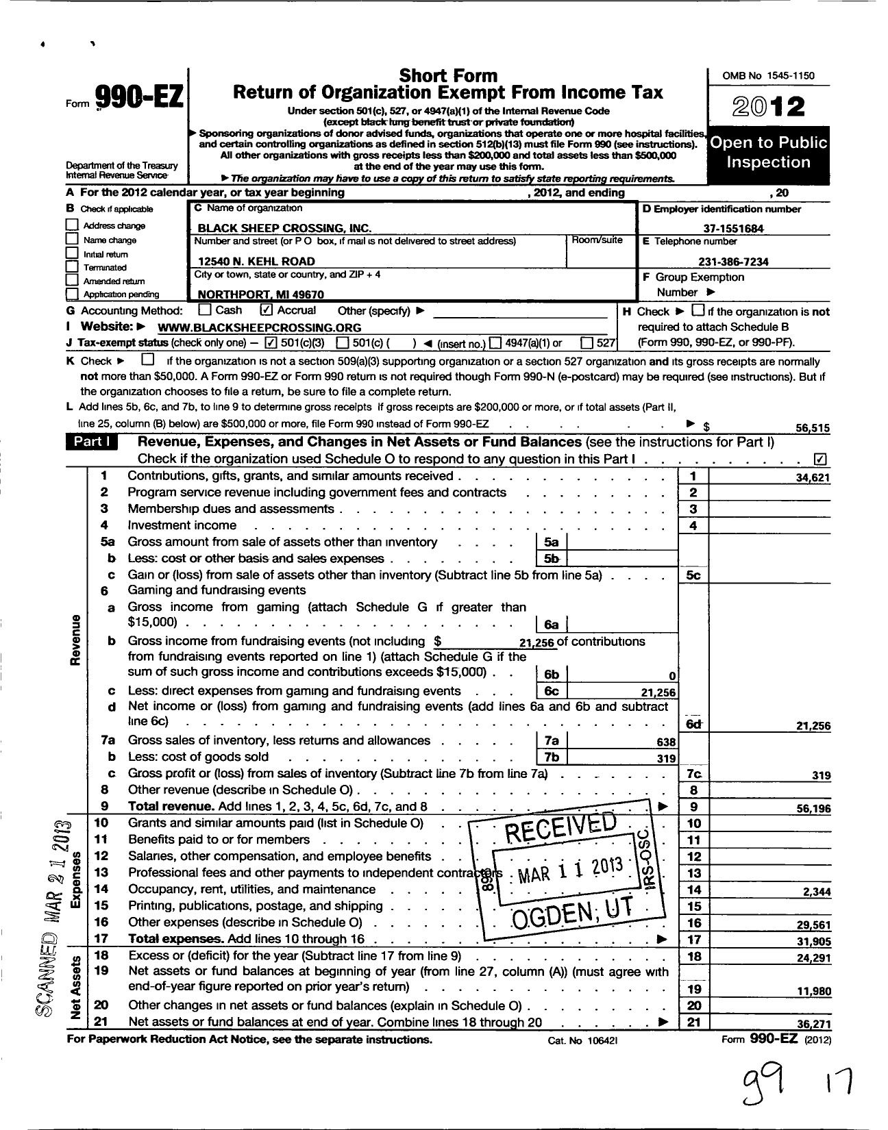 Image of first page of 2012 Form 990EZ for Black Sheep Crossing