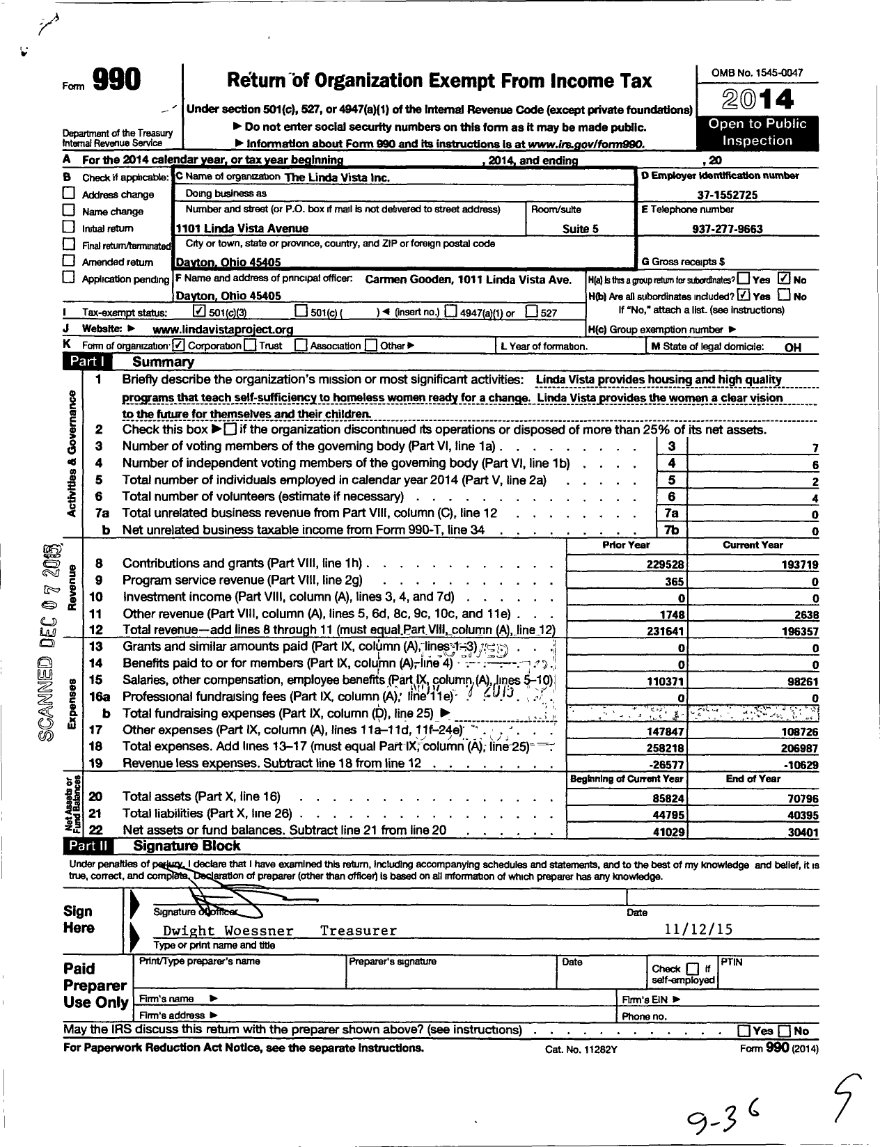 Image of first page of 2014 Form 990 for The Linda Vista