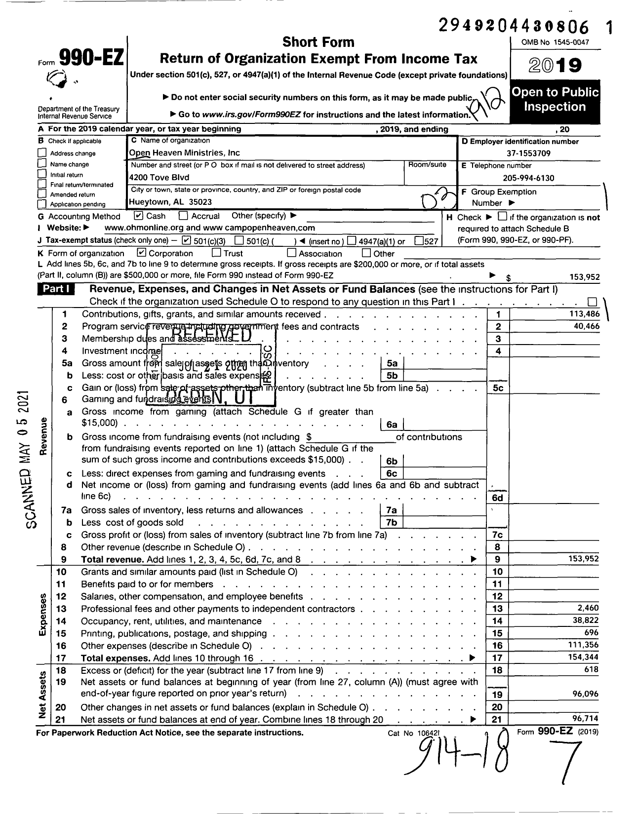 Image of first page of 2019 Form 990EZ for Open Heaven Ministries