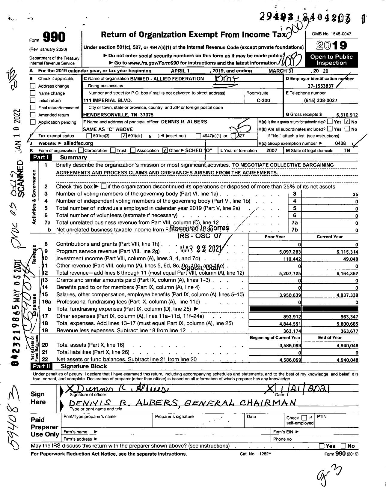 Image of first page of 2019 Form 990O for Brotherhood of Maintenance of Way Employes - Allied Federation