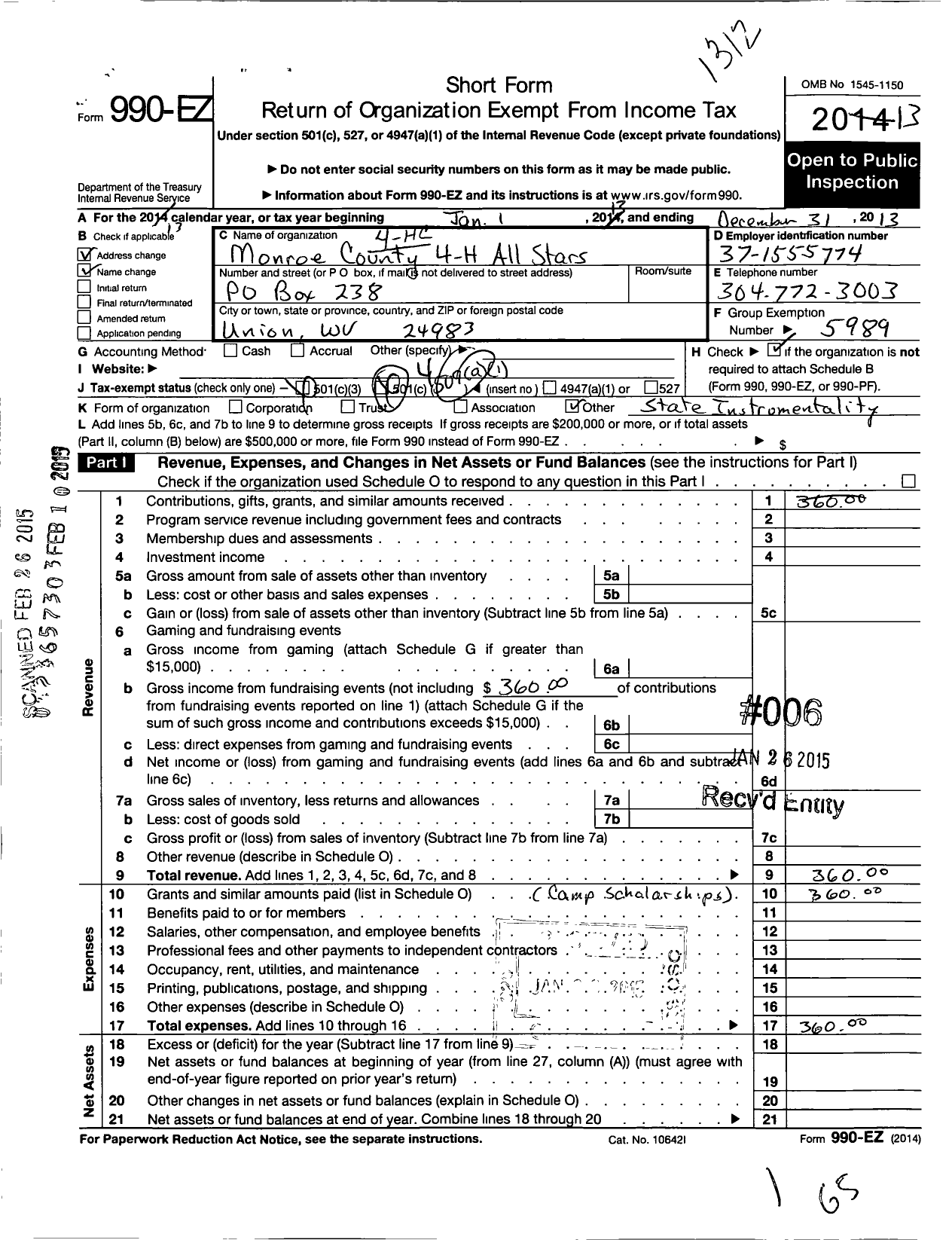 Image of first page of 2013 Form 990EZ for State of West Virginia West Virginia University / Monroe County 4-H All Stars