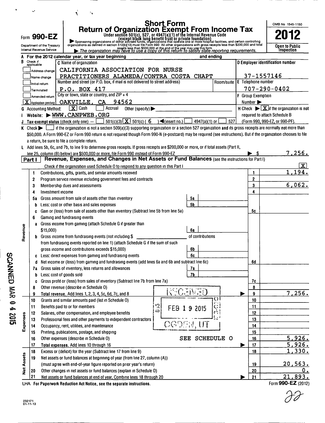 Image of first page of 2012 Form 990EO for California Association for Nurse Practitioners / Alameda-Contra Costa Chapter