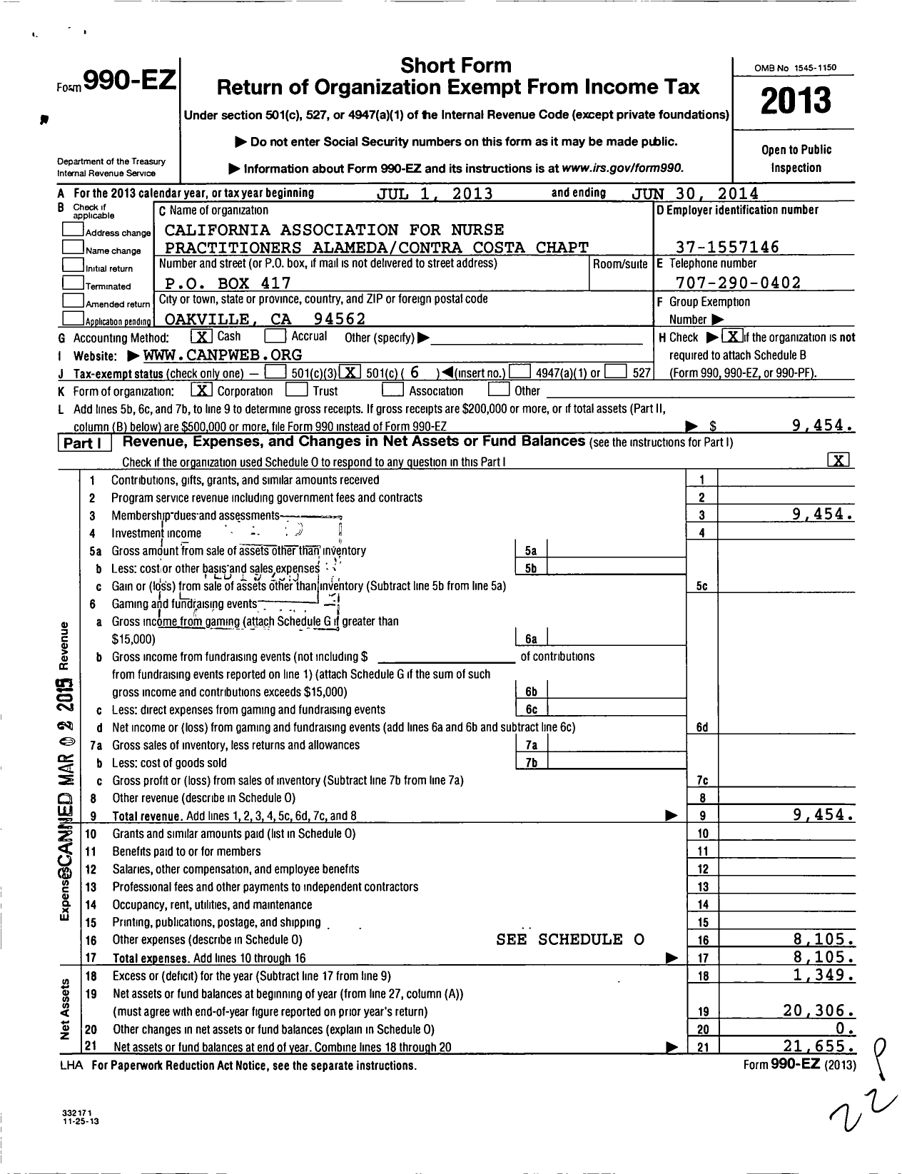 Image of first page of 2013 Form 990EO for California Association for Nurse Practitioners / Alameda-Contra Costa Chapter