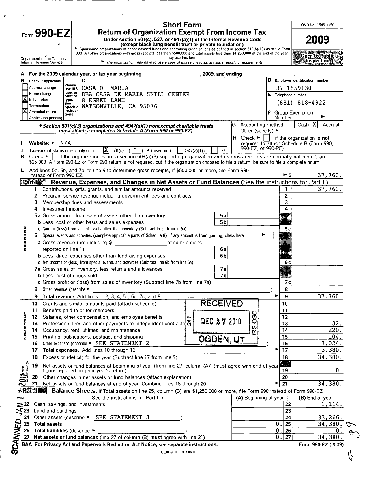 Image of first page of 2009 Form 990EZ for Casa de Maria