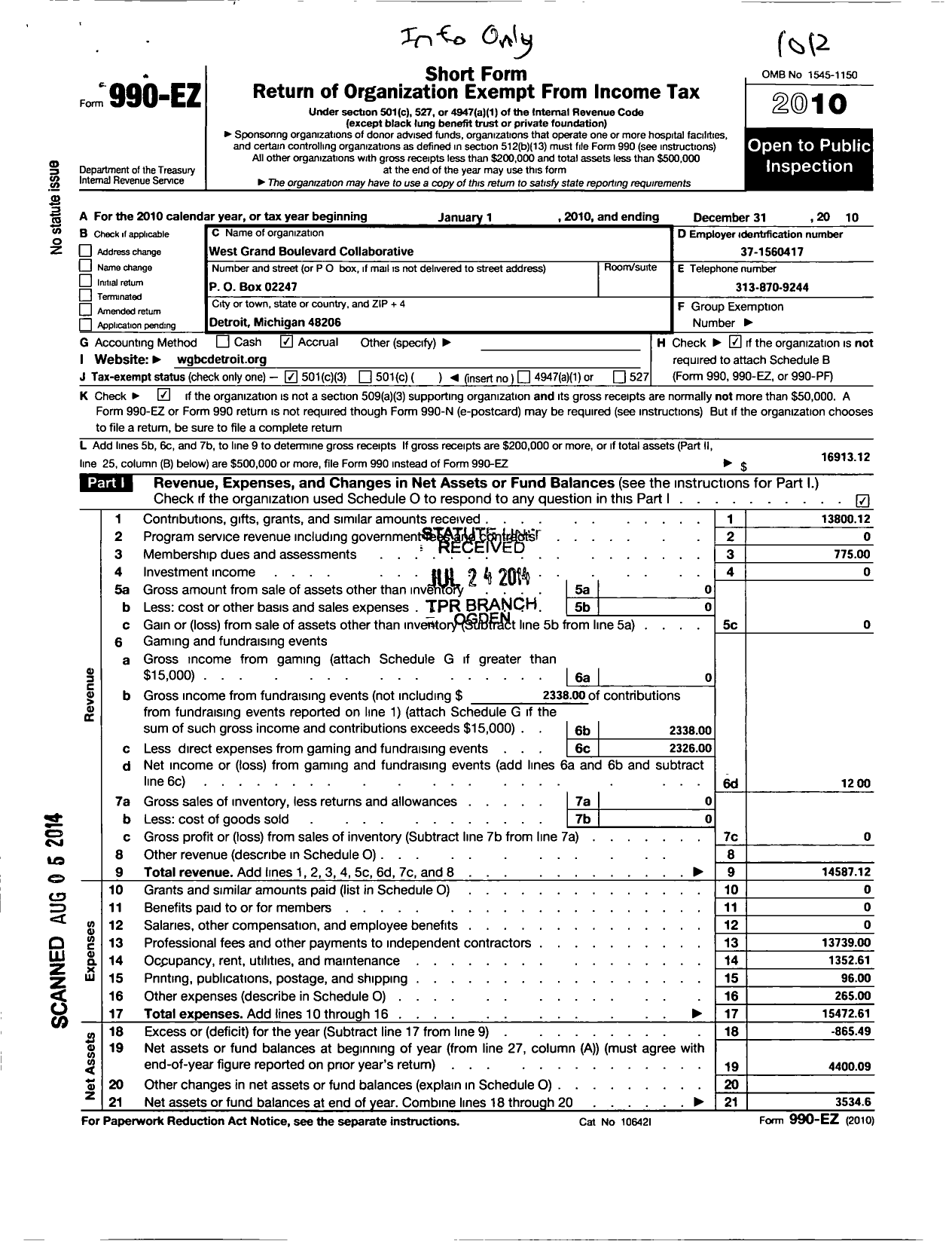 Image of first page of 2010 Form 990EZ for West Grand Boulevard Collaborative