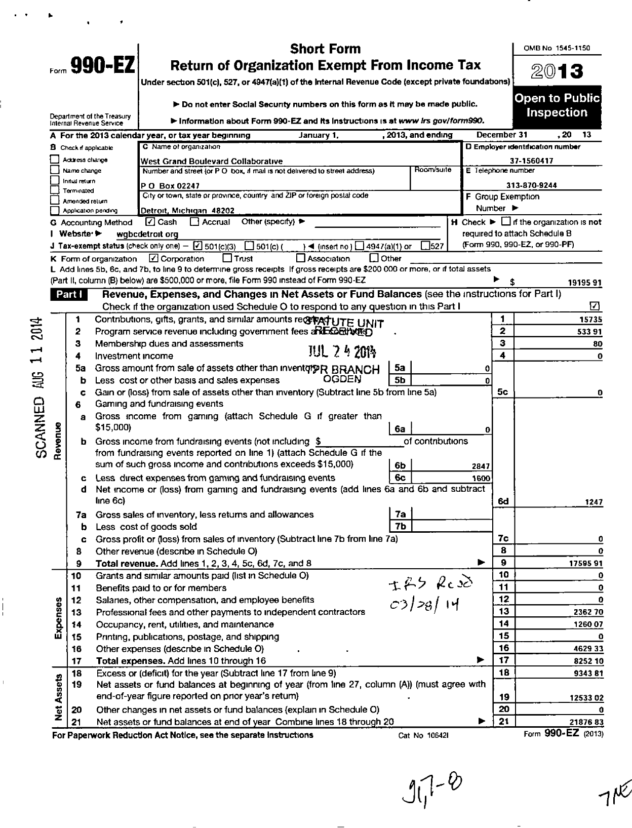 Image of first page of 2013 Form 990EZ for West Grand Boulevard Collaborative