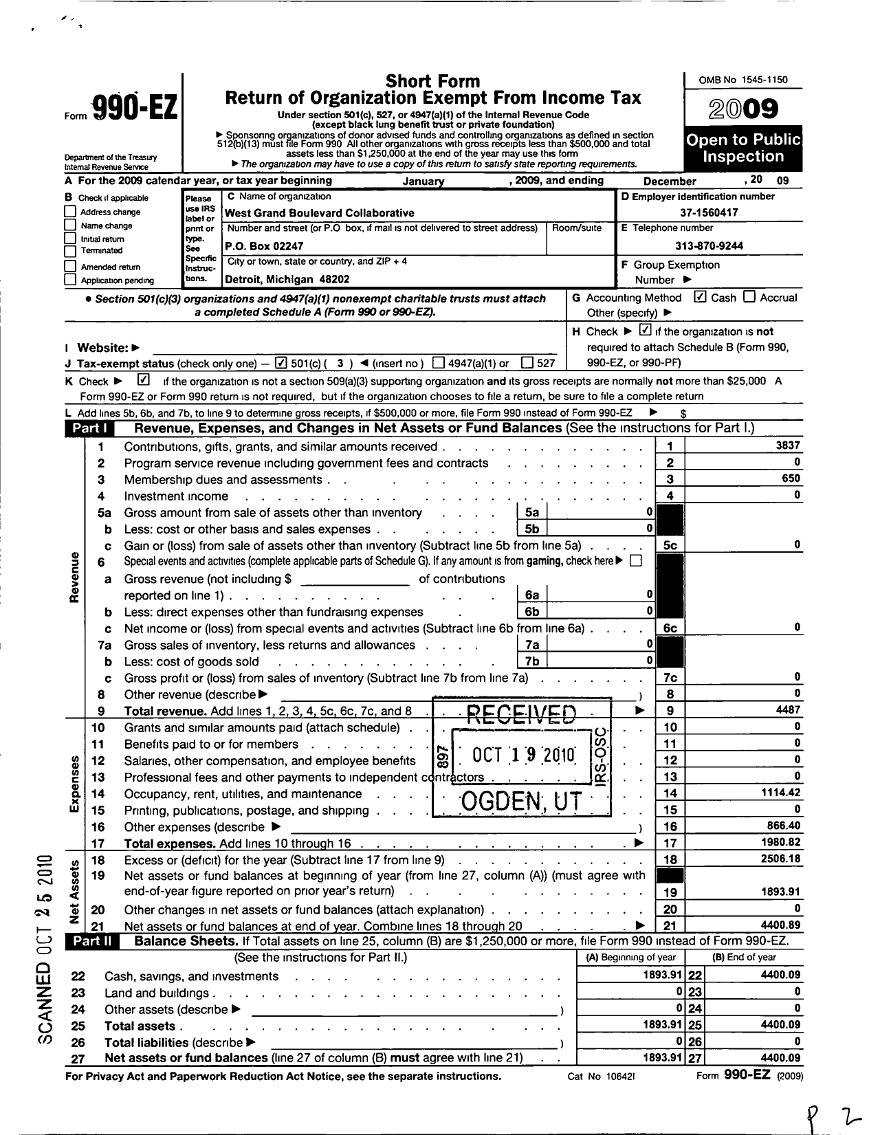 Image of first page of 2009 Form 990EZ for West Grand Boulevard Collaborative