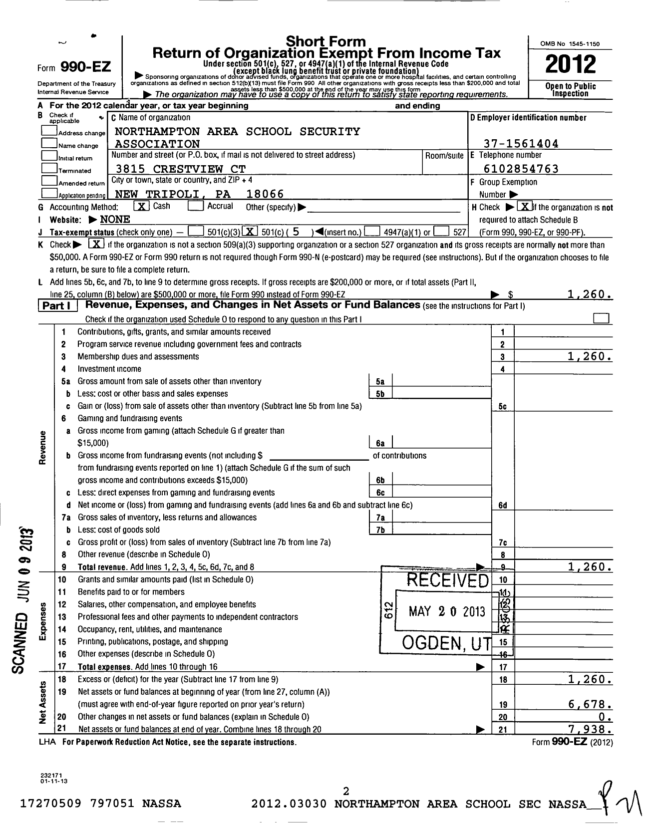 Image of first page of 2012 Form 990EO for Northampton Area School Security Association