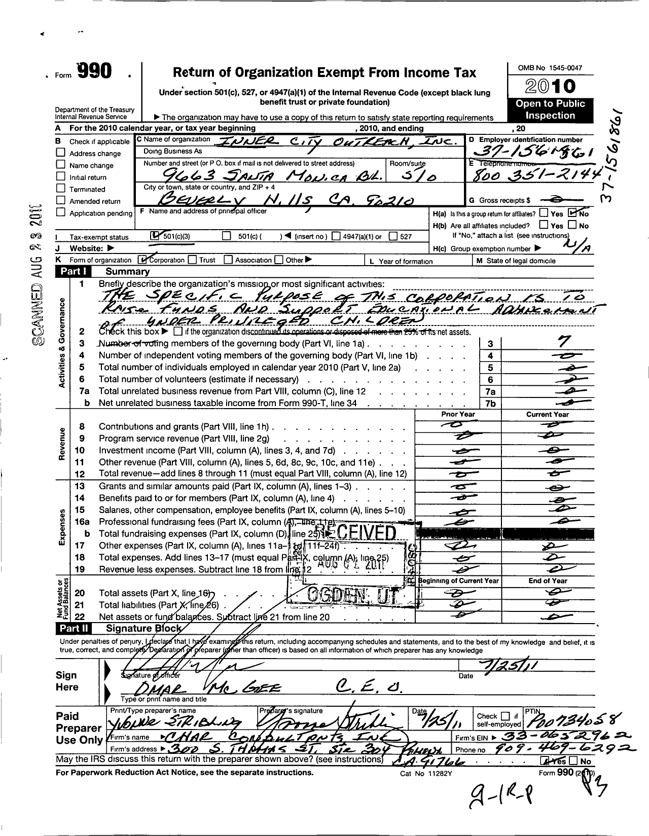 Image of first page of 2010 Form 990 for Executive Preparatory Academy