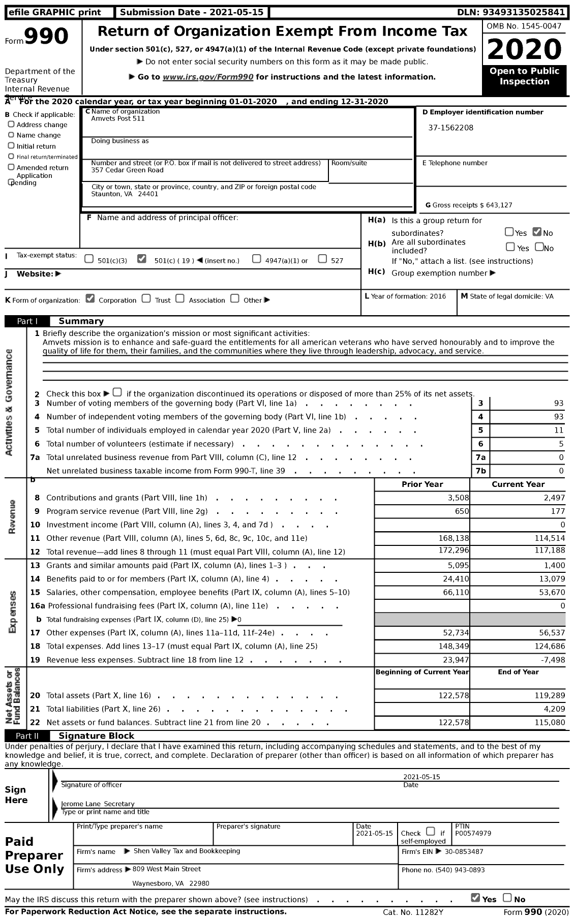 Image of first page of 2020 Form 990 for Amvets Post 511
