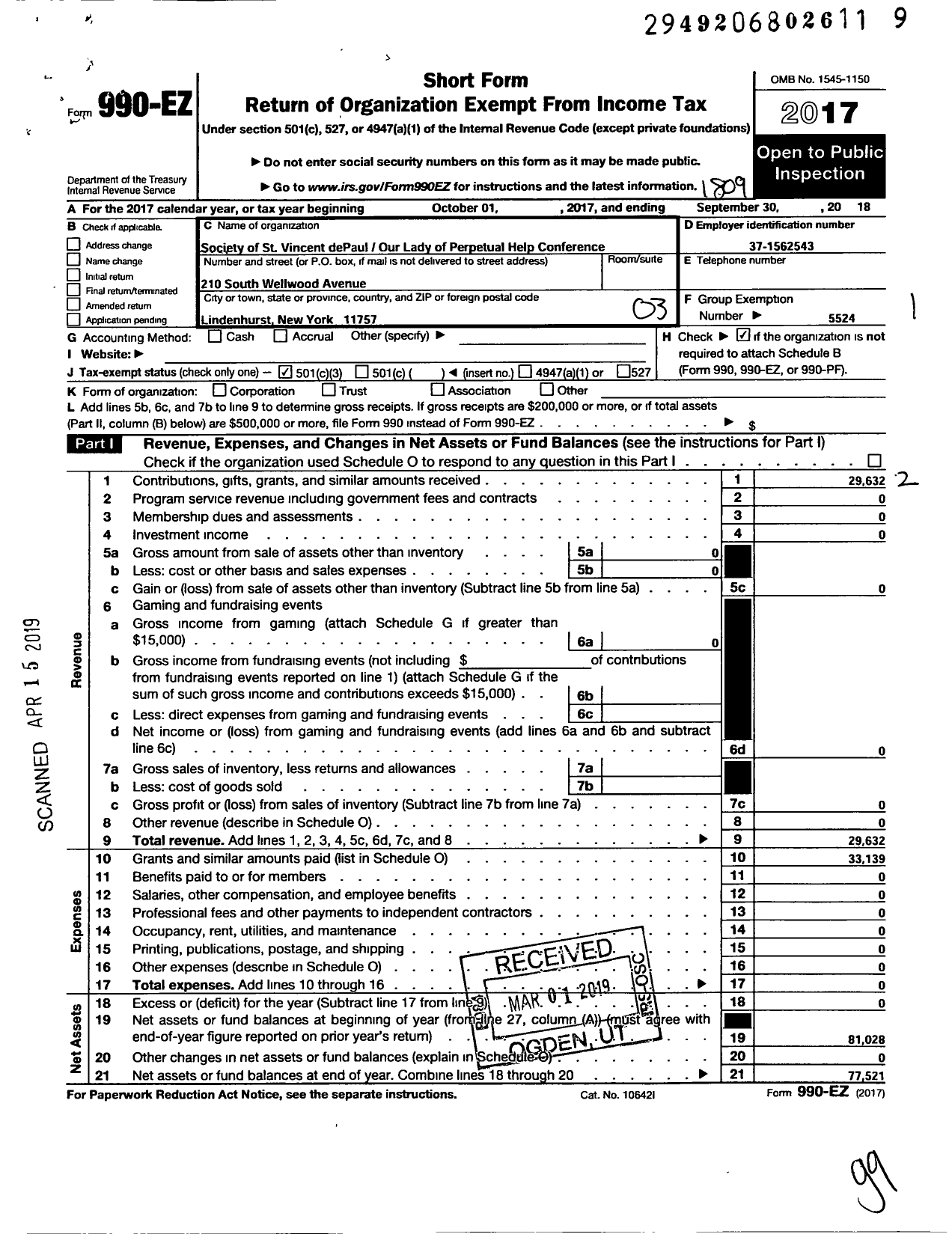 Image of first page of 2017 Form 990EZ for Central Council of the Society of St Vincent de Paul in the Diocese / Our Lady of Perpetual Help Parish