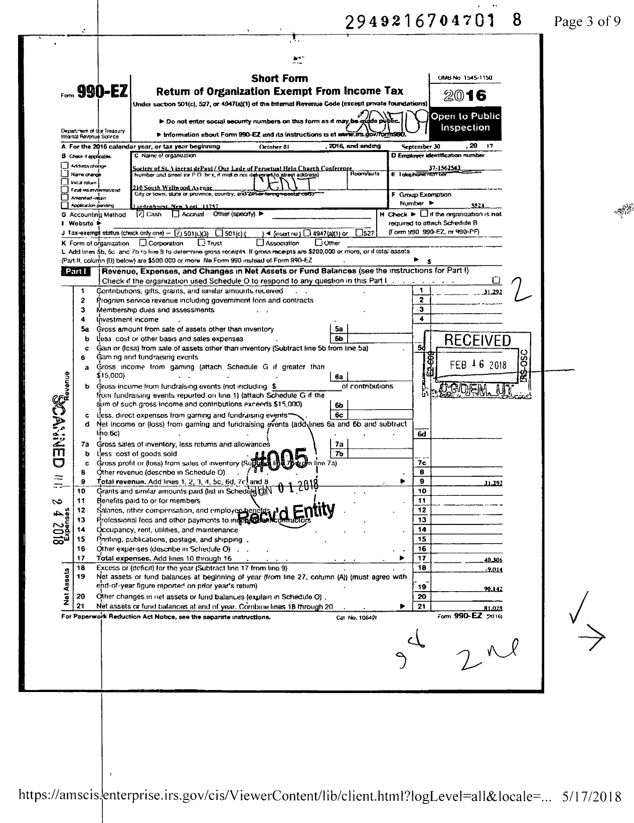 Image of first page of 2016 Form 990EZ for Central Council of the Society of St Vincent de Paul in the Diocese / Our Lady of Perpetual Help Parish