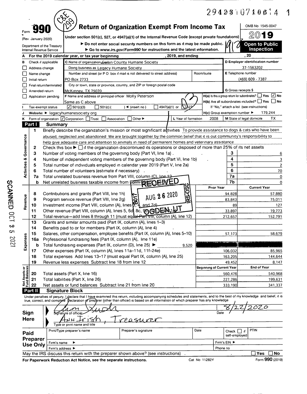 Image of first page of 2019 Form 990 for Legacy Humane Society