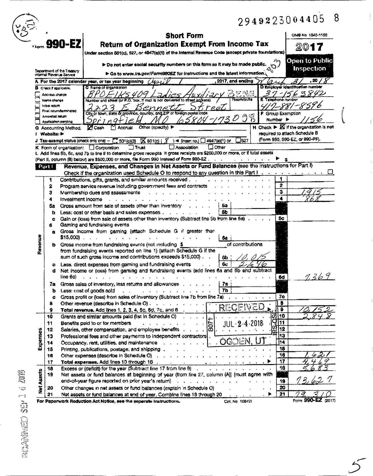 Image of first page of 2017 Form 990EO for Springfield 409 BPOE Ladies Auxiliary