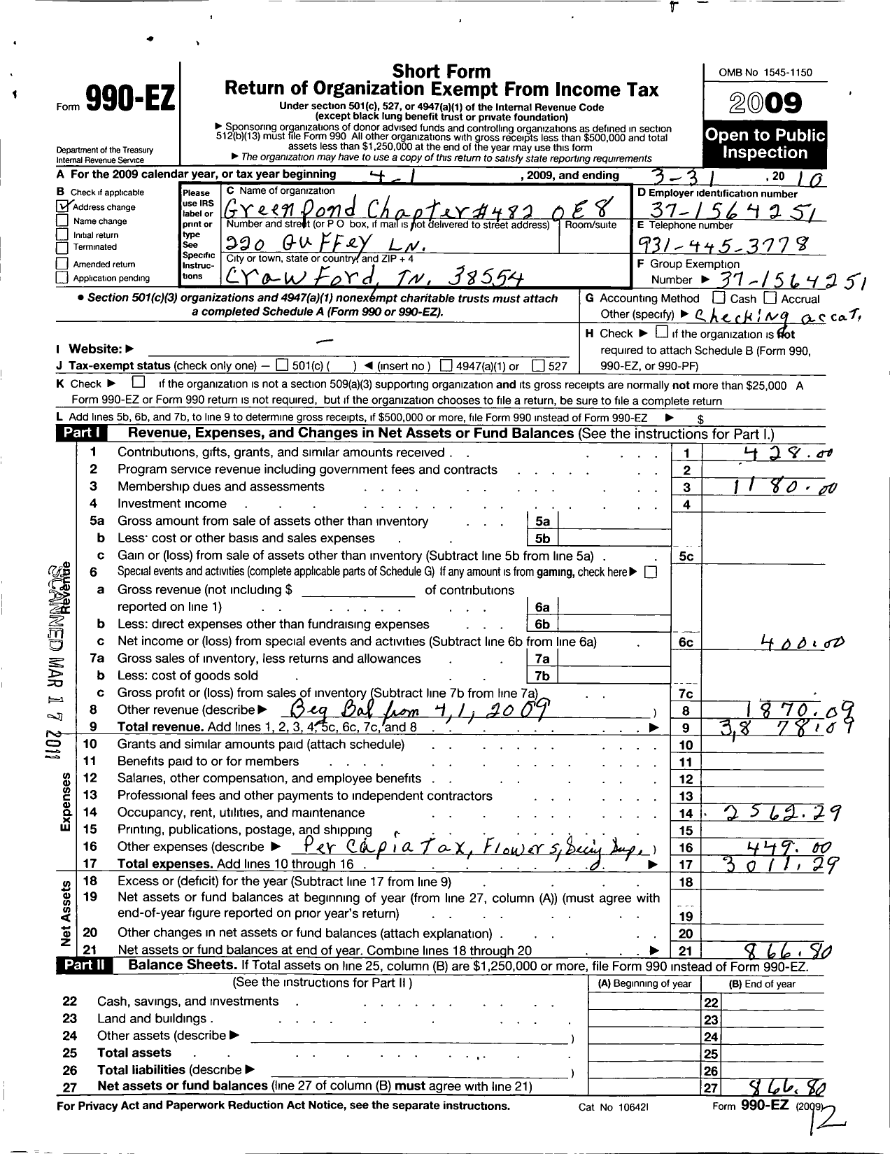 Image of first page of 2009 Form 990EO for Tennessee Order of the Eastern Star - 482 Green Pond Chapter