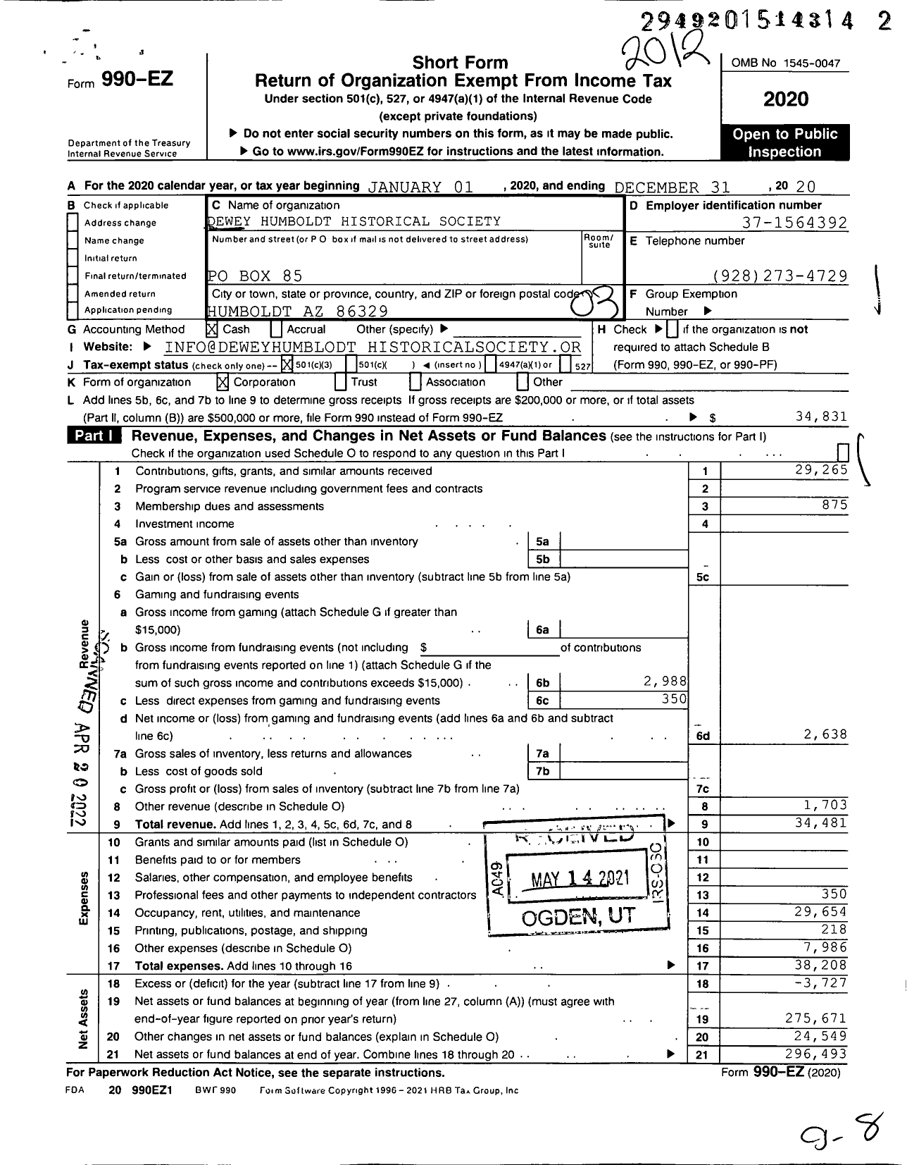 Image of first page of 2020 Form 990EZ for Dewey Humboldt Historical Society