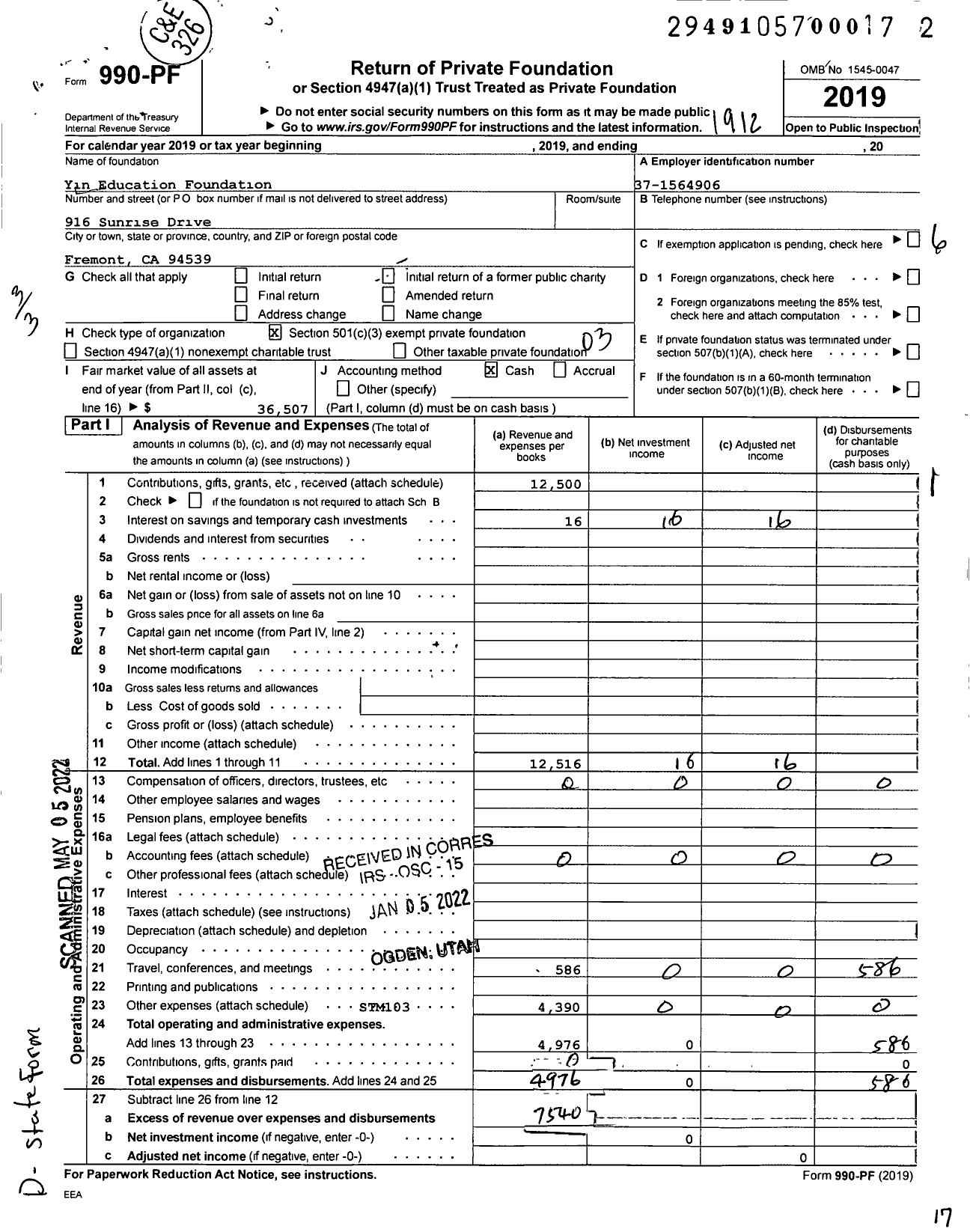 Image of first page of 2019 Form 990PF for Yin Education Foundation