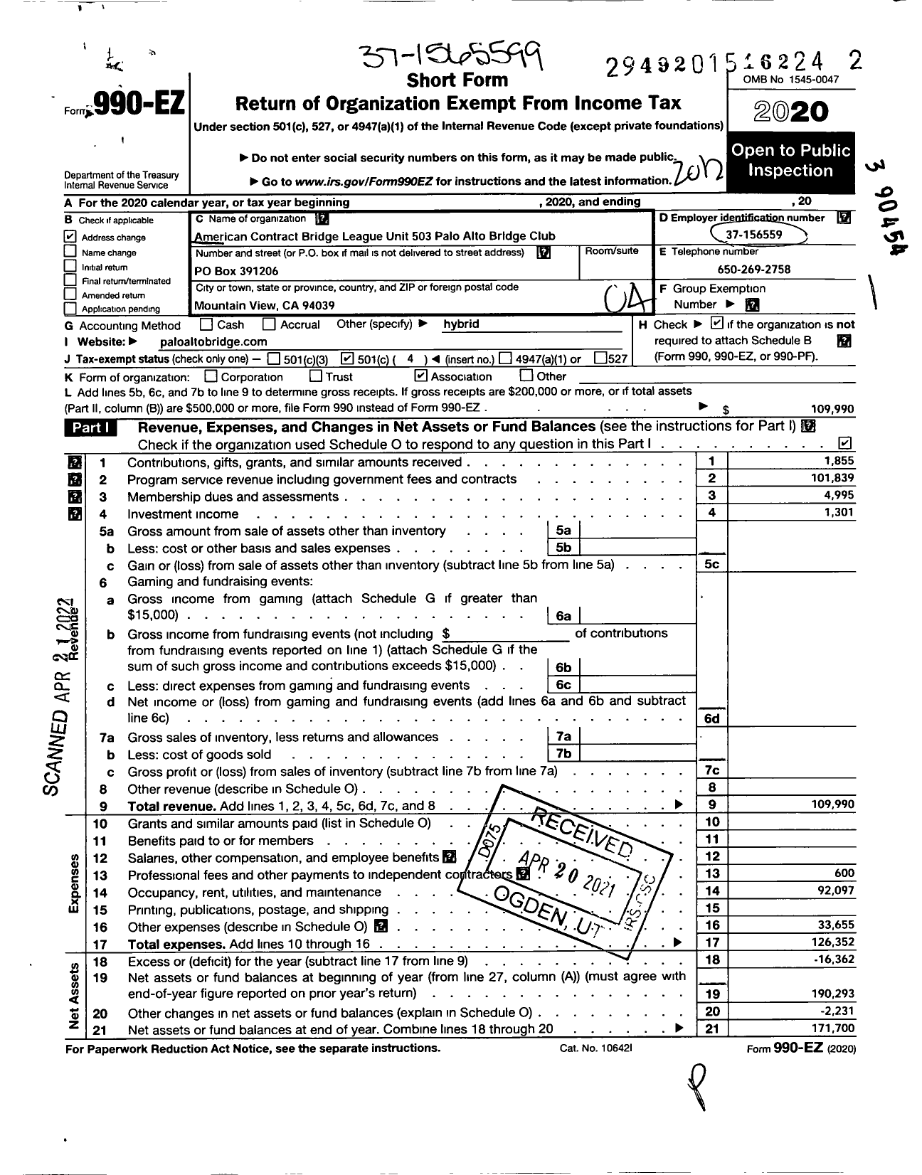 Image of first page of 2020 Form 990EO for AMERICAN CONTRACT BRIDGE LEAGUE UNIT 503 - 503 Palo Alto UNIT