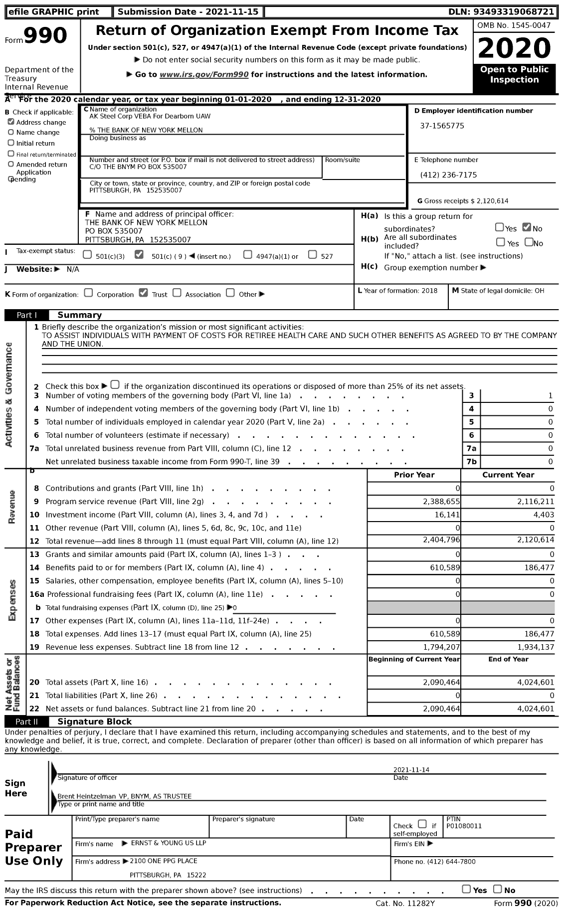 Image of first page of 2020 Form 990 for AK Steel Corp VEBA For Dearborn UAW