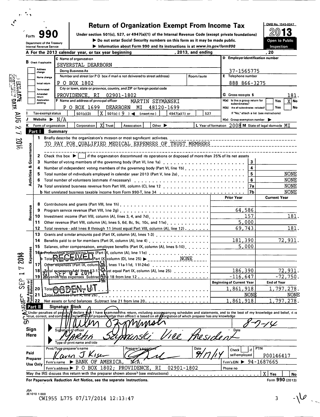 Image of first page of 2013 Form 990O for AK Steel Corp VEBA For Dearborn UAW