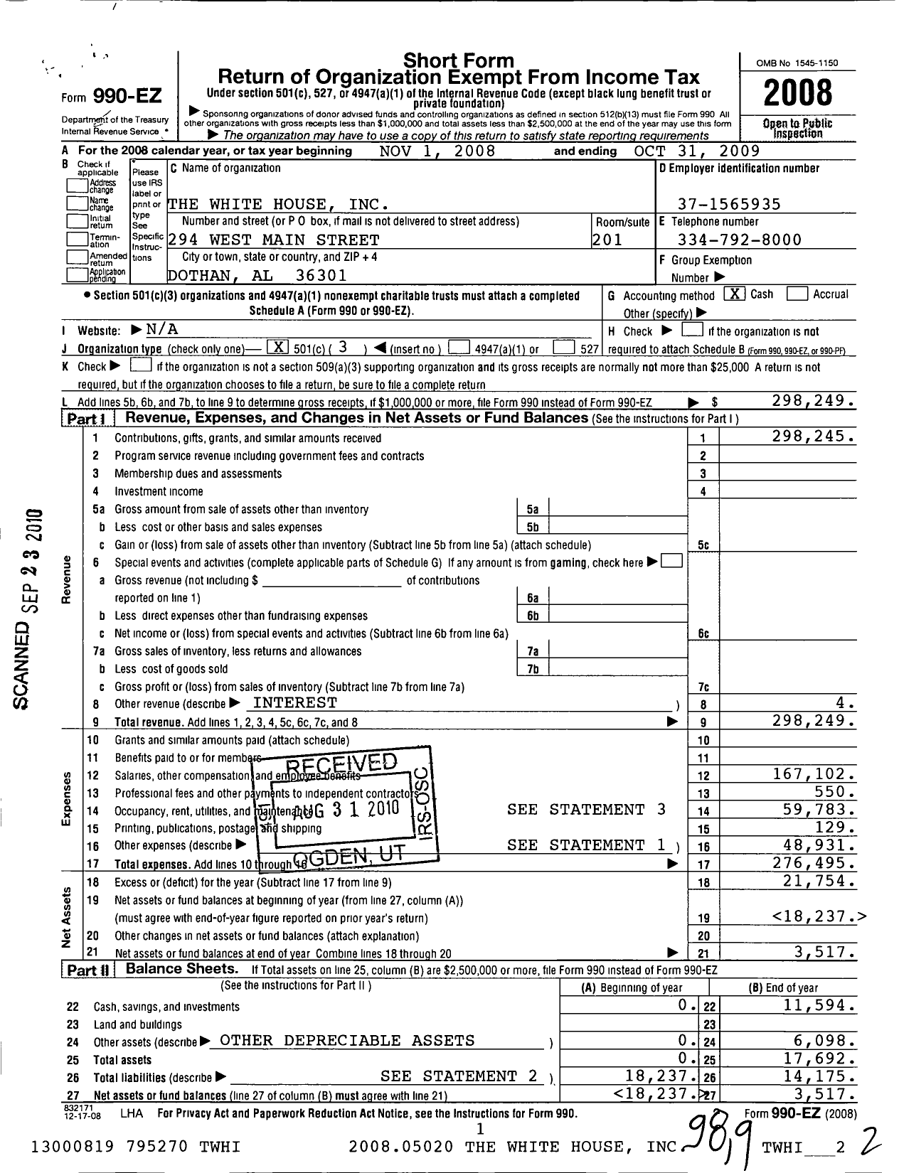 Image of first page of 2008 Form 990EZ for White House