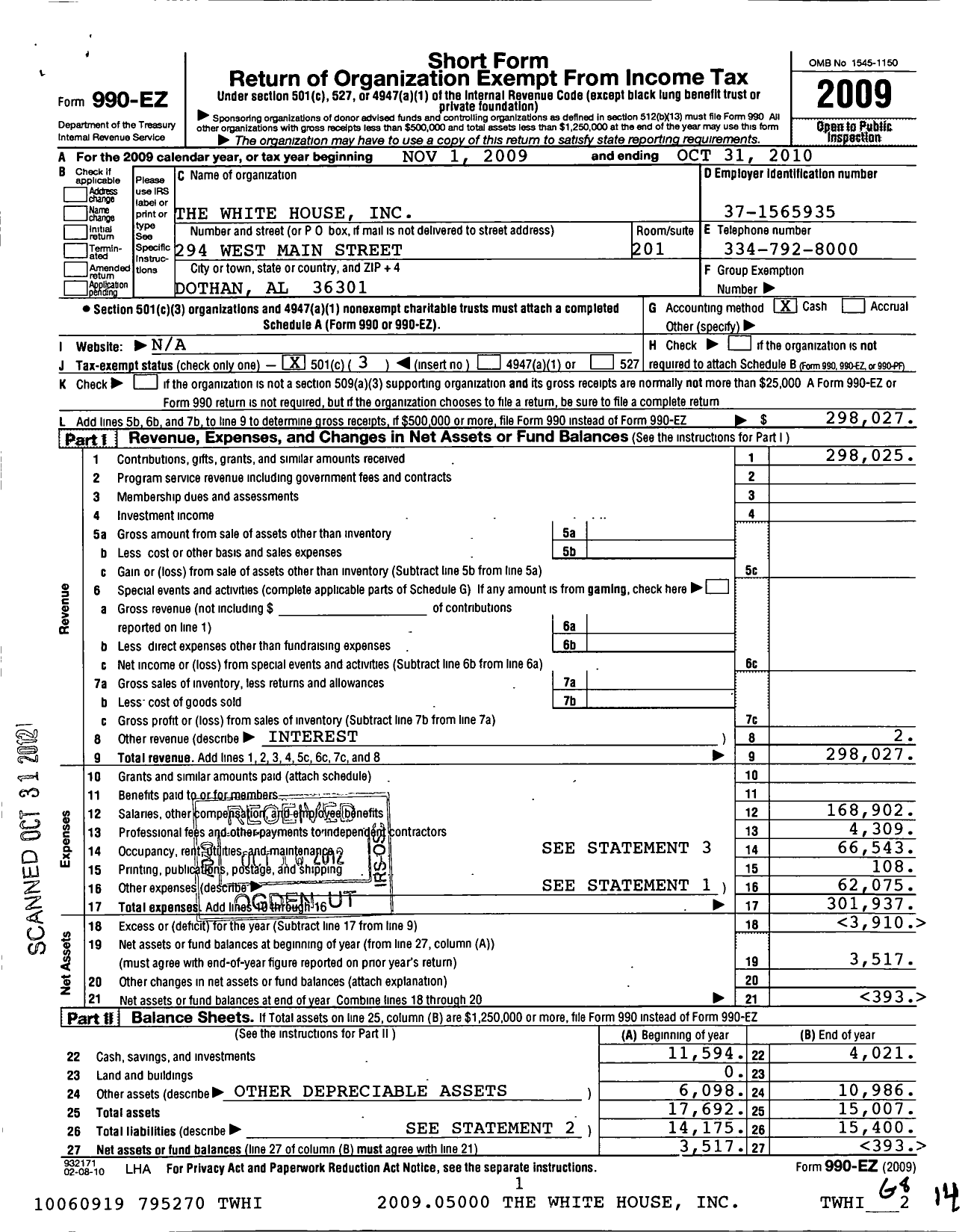 Image of first page of 2009 Form 990EZ for White House