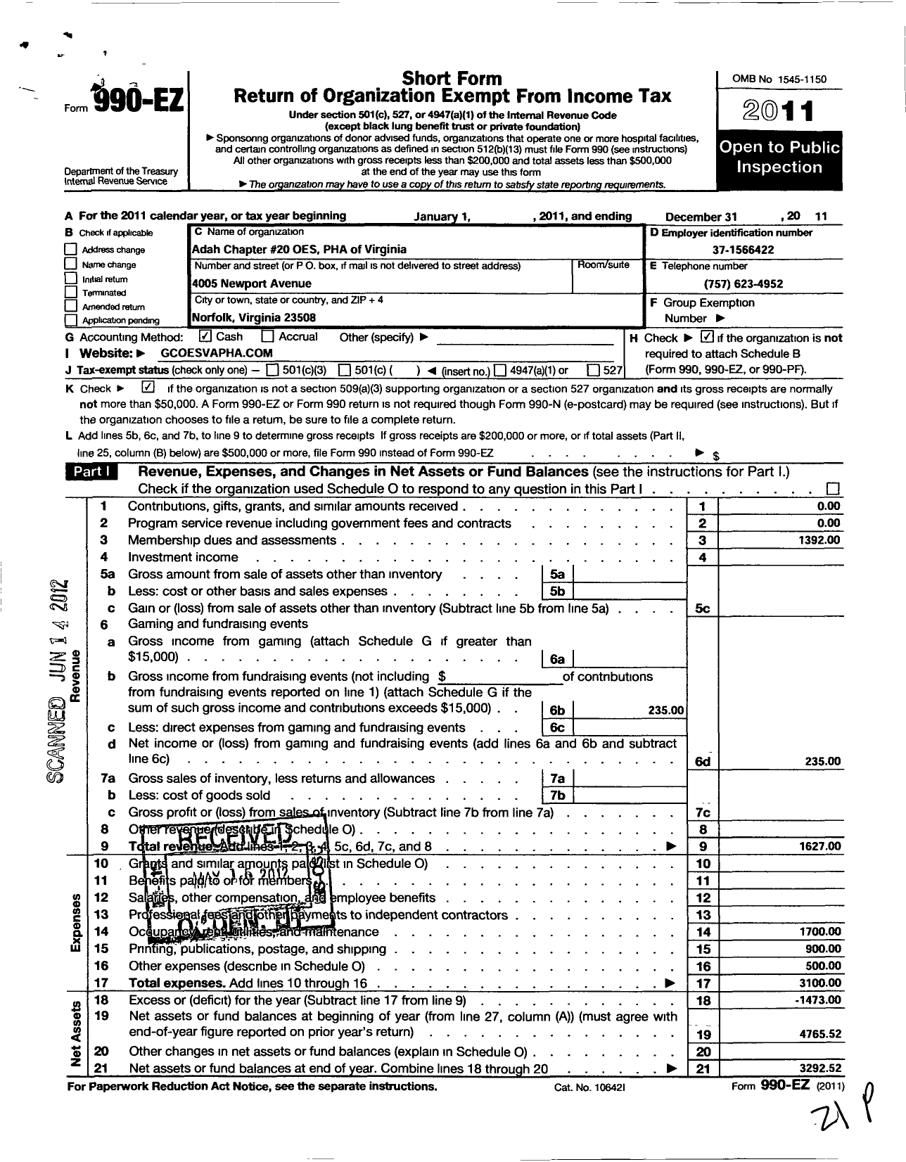 Image of first page of 2011 Form 990EO for Grand Order of the Eastern Star of Virginia Pha / Adah Chapter