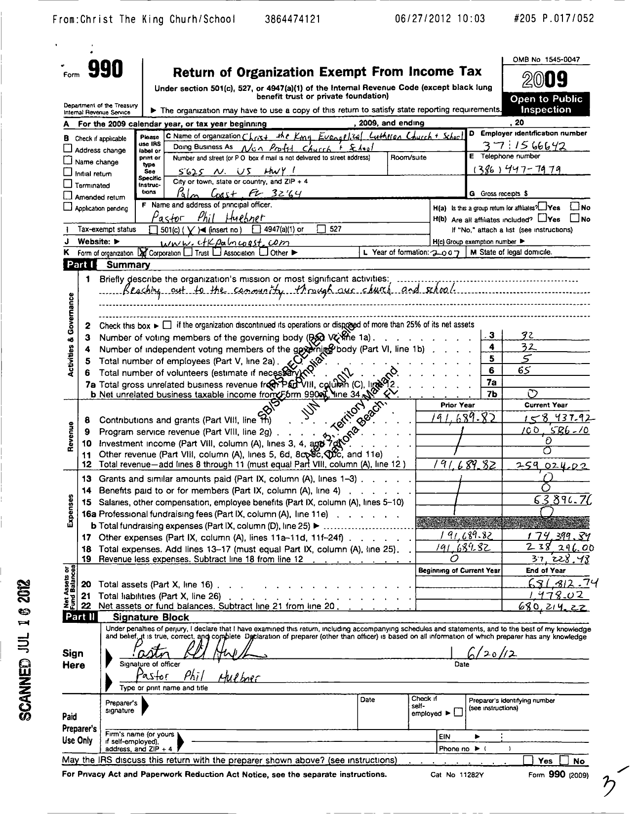 Image of first page of 2009 Form 990O for Christ the King Lutheran Church - 57