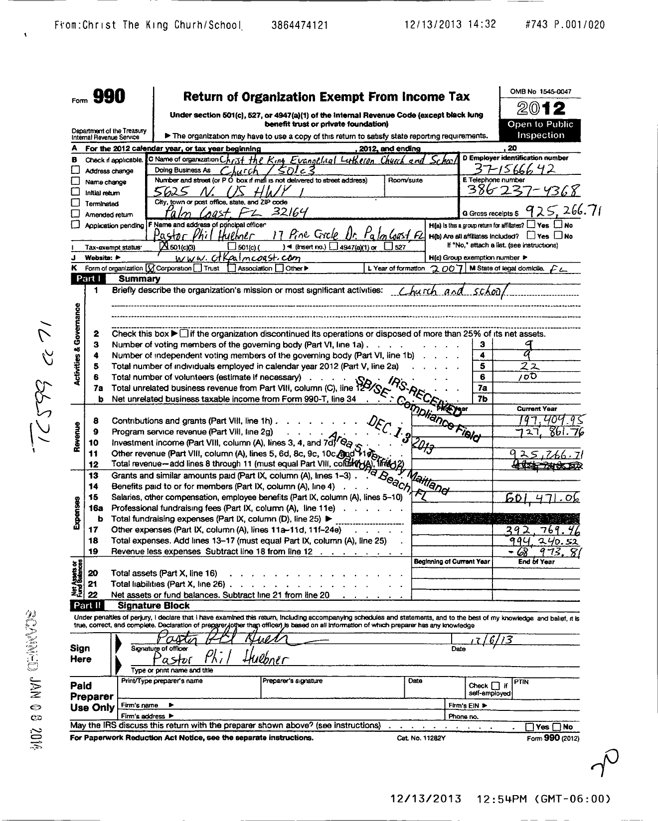 Image of first page of 2012 Form 990 for Christ the King Lutheran Church - 57