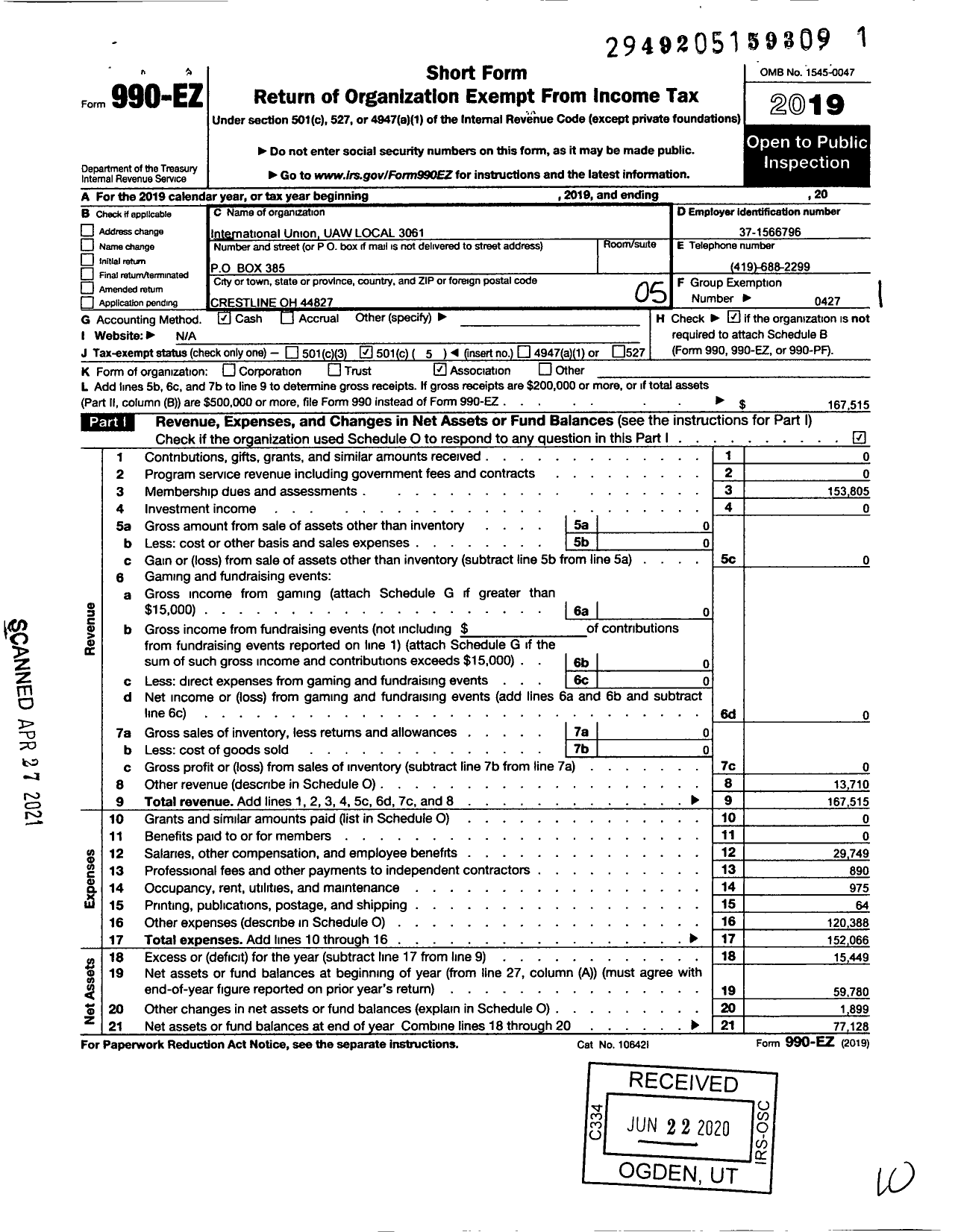 Image of first page of 2019 Form 990EO for Uaw - 3061 Local (3061 Local)