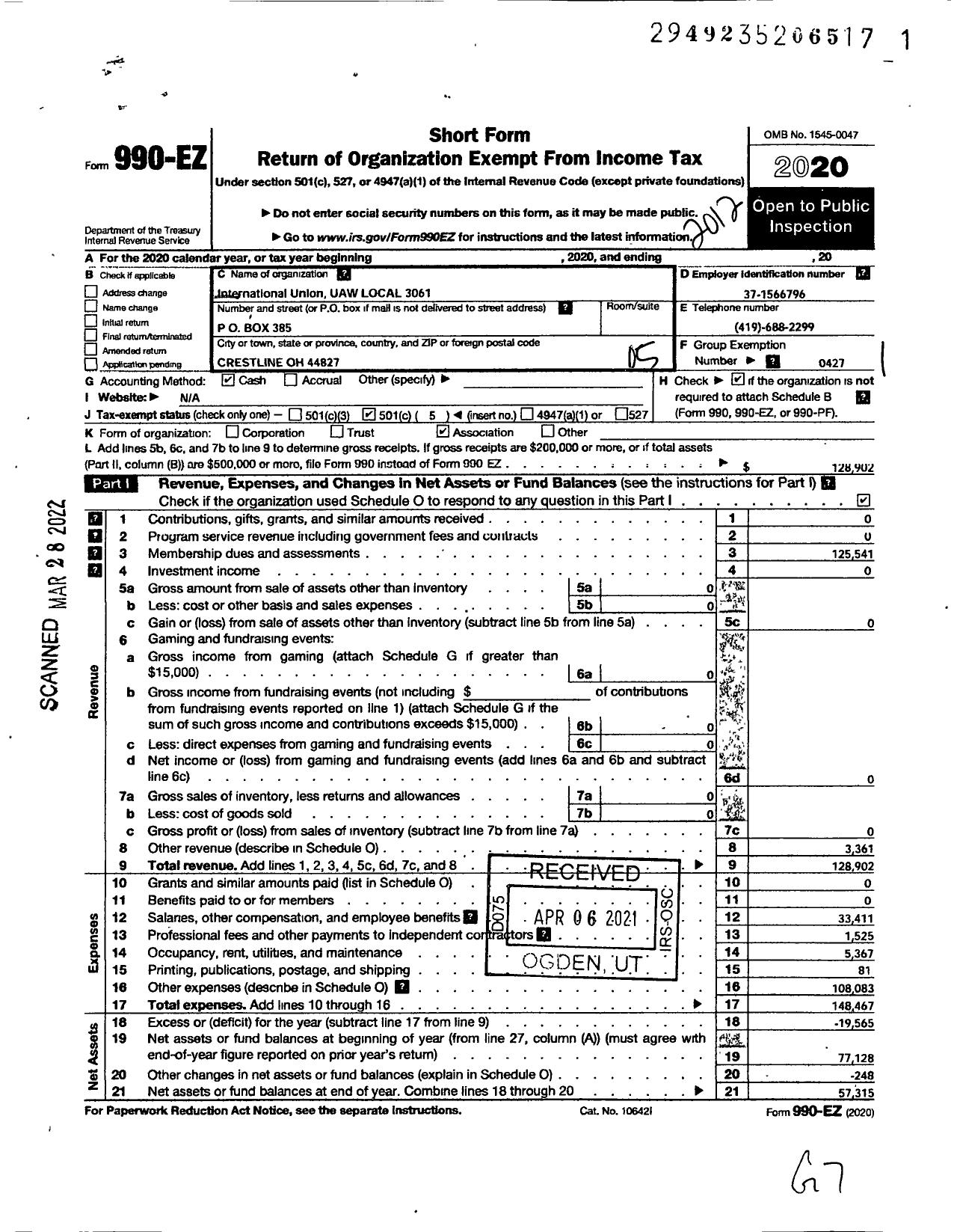 Image of first page of 2020 Form 990EO for Uaw - 3061 Local (3061 Local)