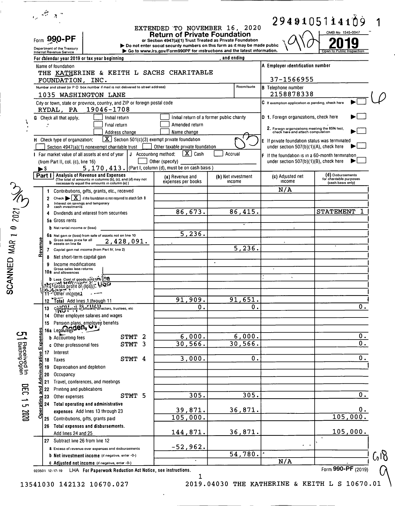 Image of first page of 2019 Form 990PF for The Sachs Family Foundation