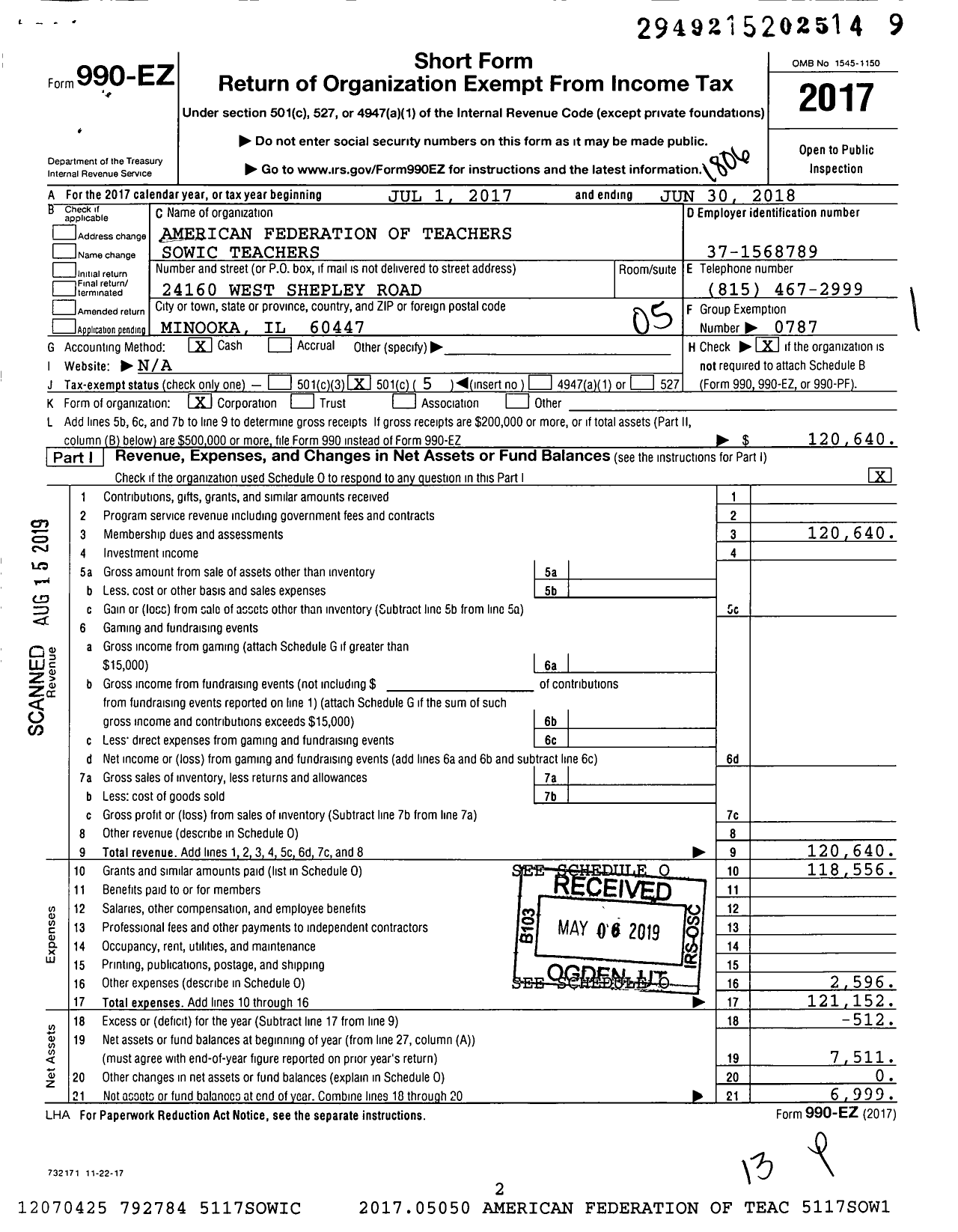 Image of first page of 2017 Form 990EO for American Federation of Teachers - 0604 Council Sowic Teachers and Sup