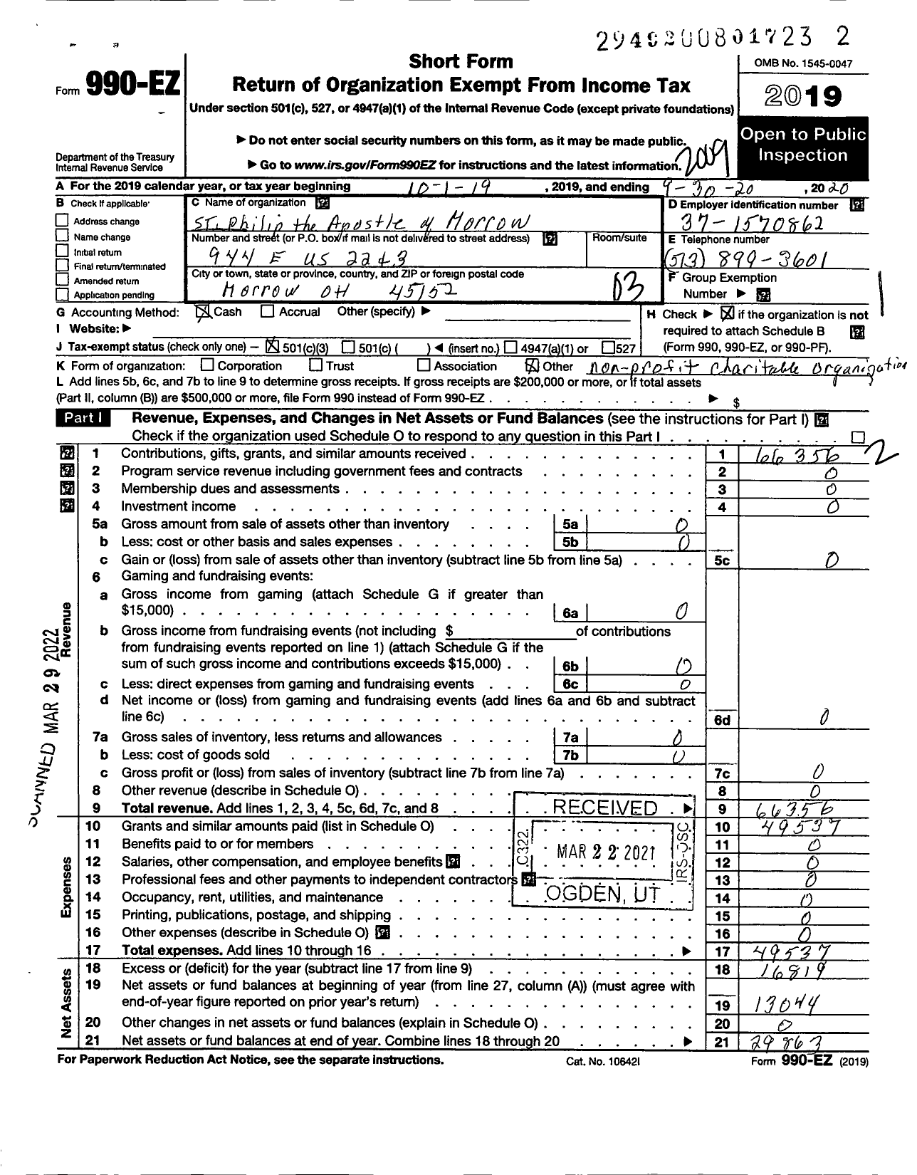 Image of first page of 2019 Form 990EZ for Society of St Vincent de Paul St Philip the Apostle of Morrow