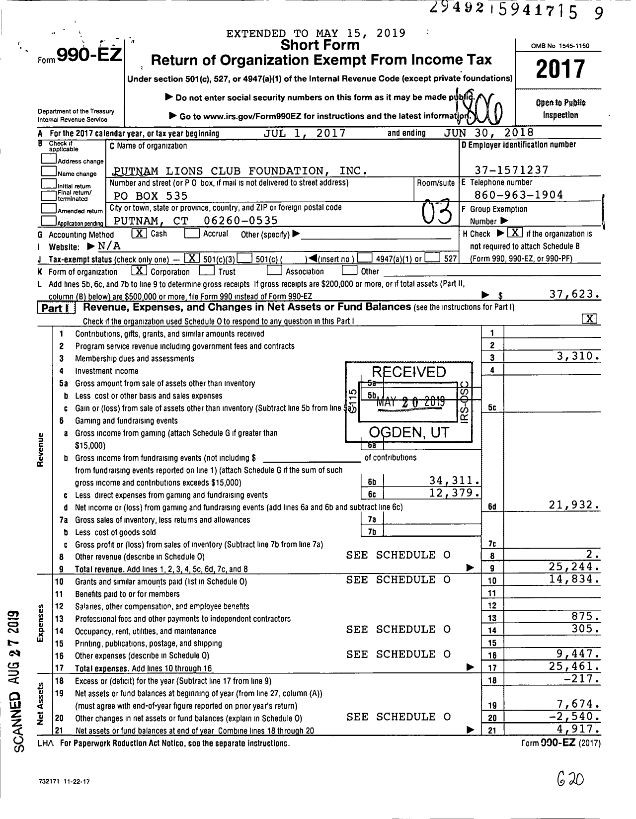 Image of first page of 2017 Form 990EZ for Putnam Lions Club Foundation