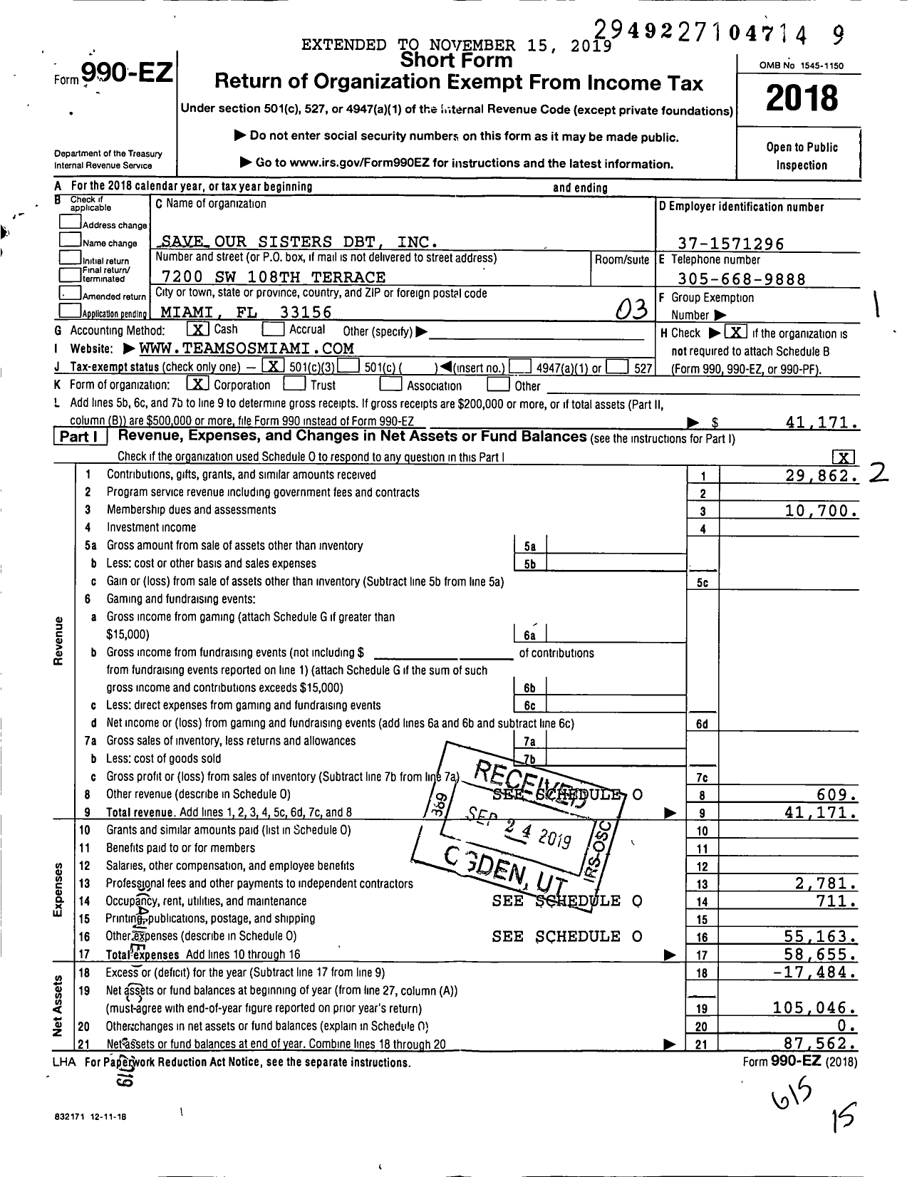 Image of first page of 2018 Form 990EZ for Save Our Sisters DBT