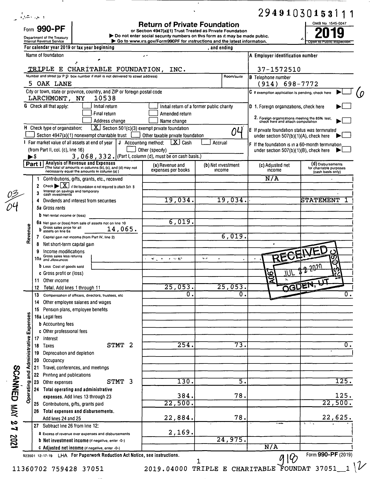 Image of first page of 2019 Form 990PF for Triple E Charitable Foundation